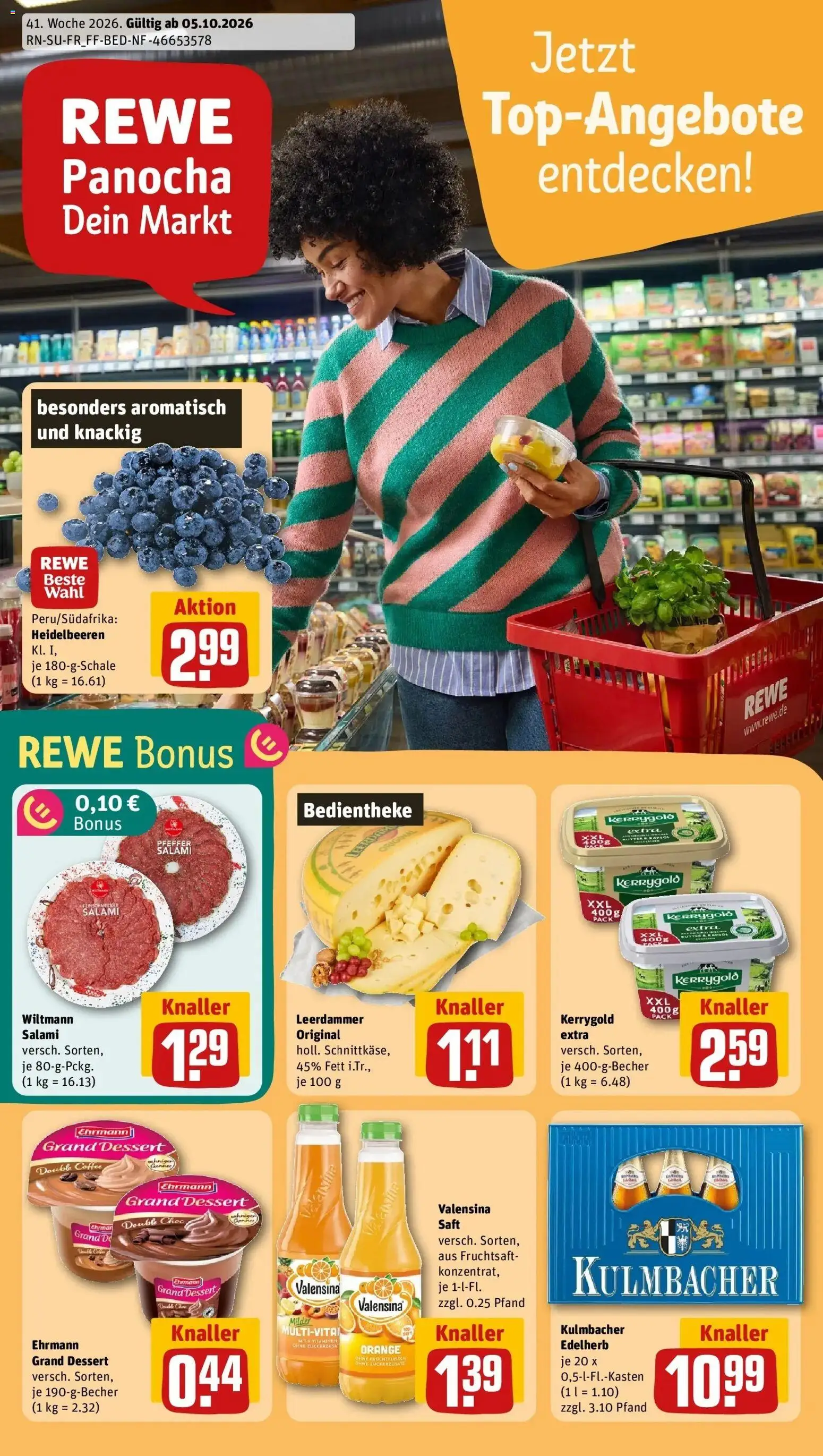 REWE Prospekt ab 05.10.2026 zum Blättern » Angebote | Seite: 1 | Produkte: Heidelbeeren, Valensina, Salami, Fruchtsaft