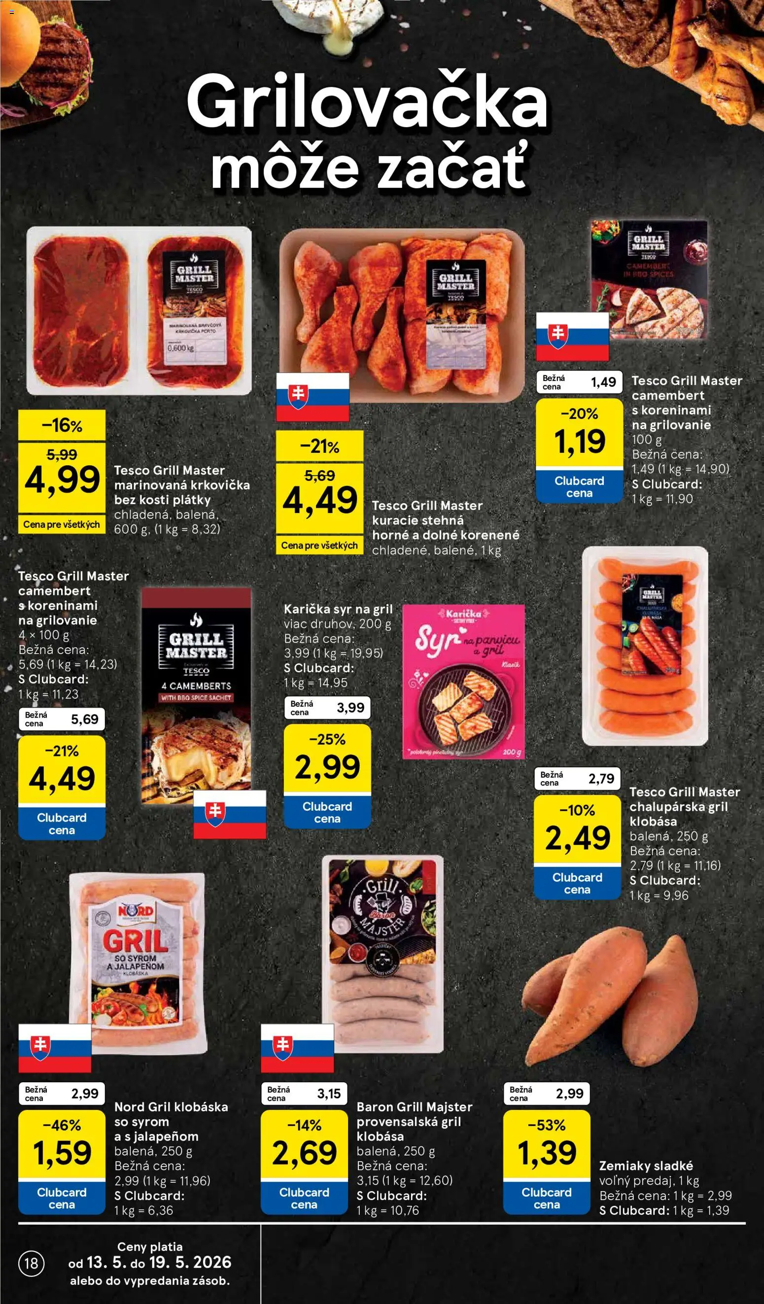 Nové Tesco akcie – leták je platný od 13.05.2026 | Strana: 18 | Produkty: Gril, Klobása, Kuracie stehná, Krkovička