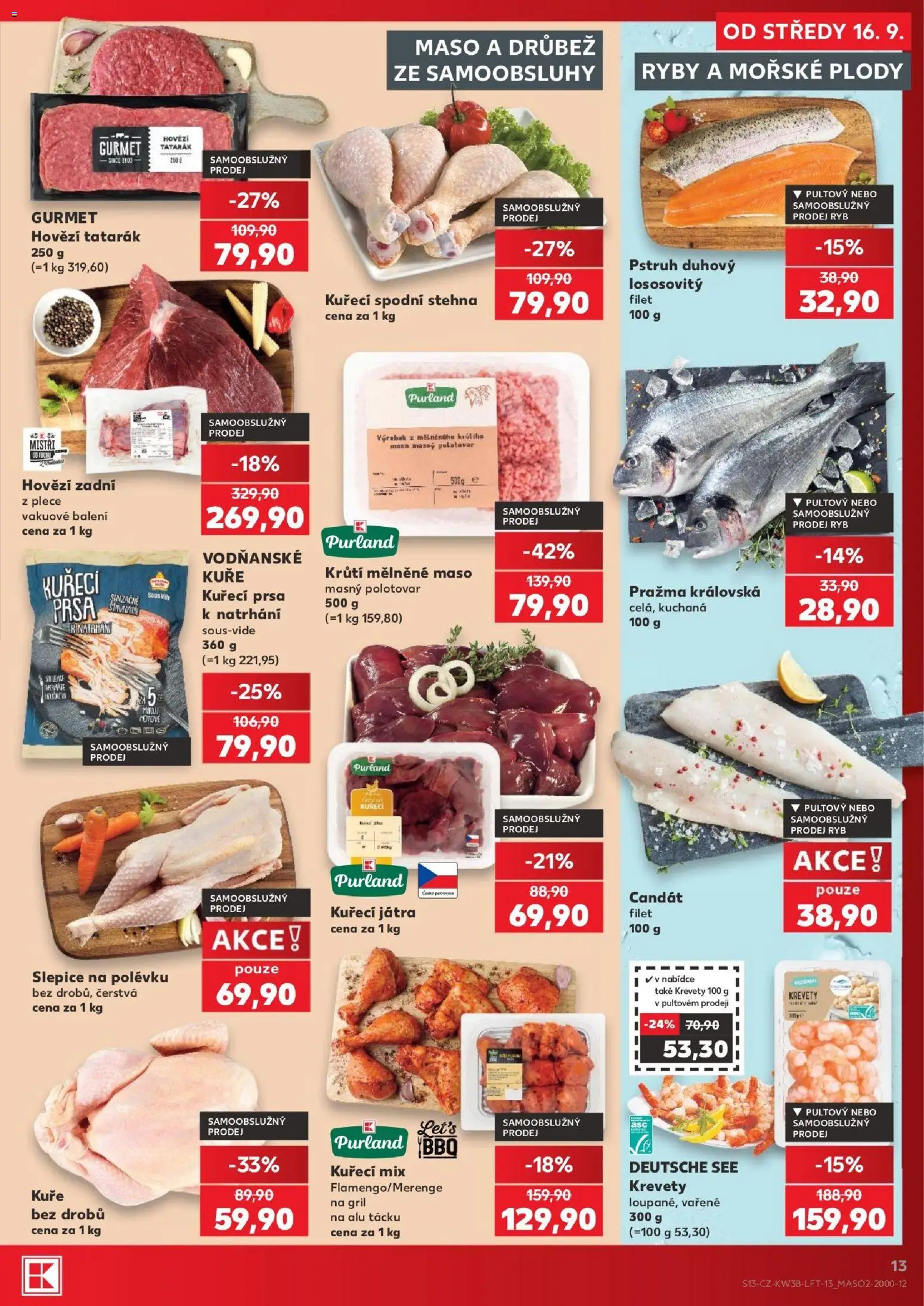 Kaufland leták - Ostrava od 16.09.2026 | Strana: 13 | Produkty: Mořské plody, Hovězí zadní, Kuřecí spodní stehna, Pstruh