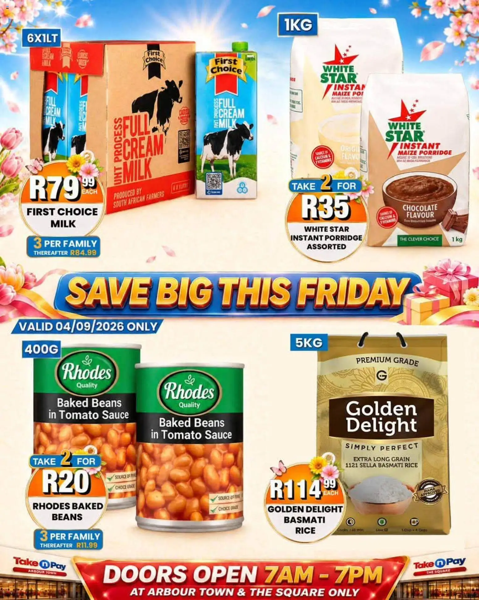 New Take n Pay catalogue – valid from 04/09/2026 | Page: 2 | Products: Milk, Rice, Tomato sauce, Cream