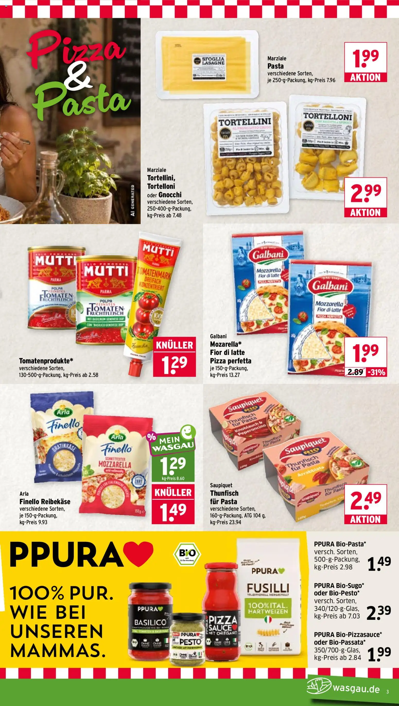 Wasgau Prospekt – gültig ab 19.10.2026 | Seite: 3 | Produkte: Gnocchi, Mozzarella, Pizza, Reibekase