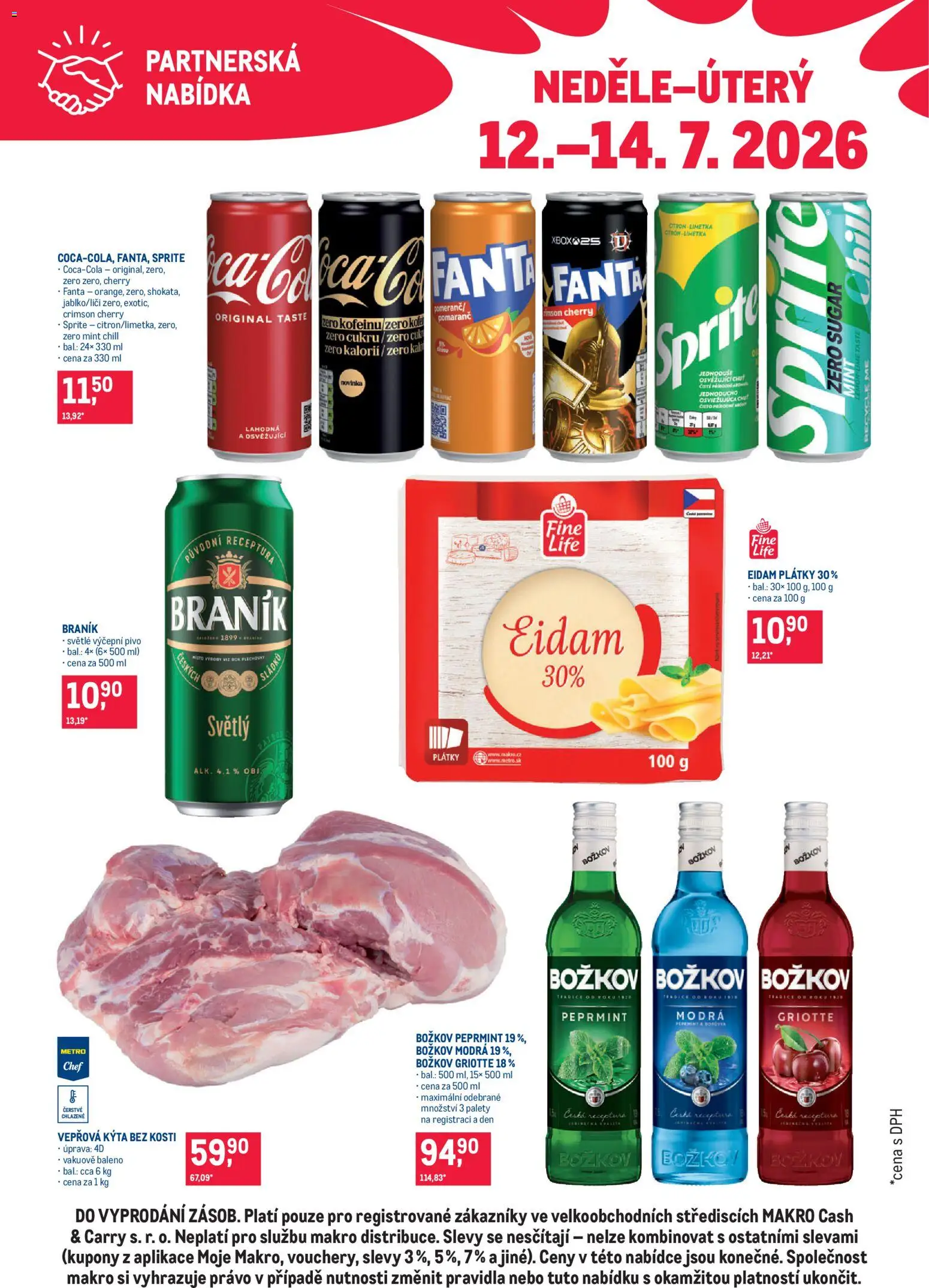 Makro leták - Partnerská nabídka od 12.07.2026 | Strana: 1 | Produkty: Eidam, Kýta bez kosti, Božkov, Kola
