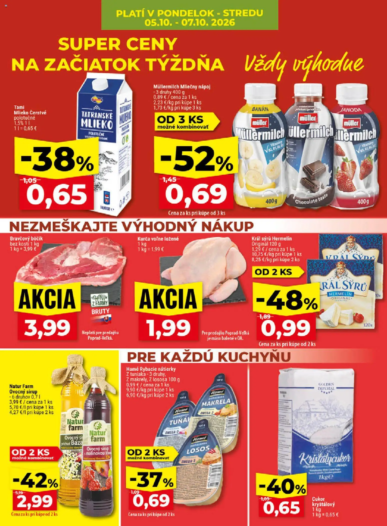 Nové Klas akcie – leták je platný od 05.10.2026 | Strana: 4 | Produkty: Mlieko, Cukor, Kurča, Bôčik