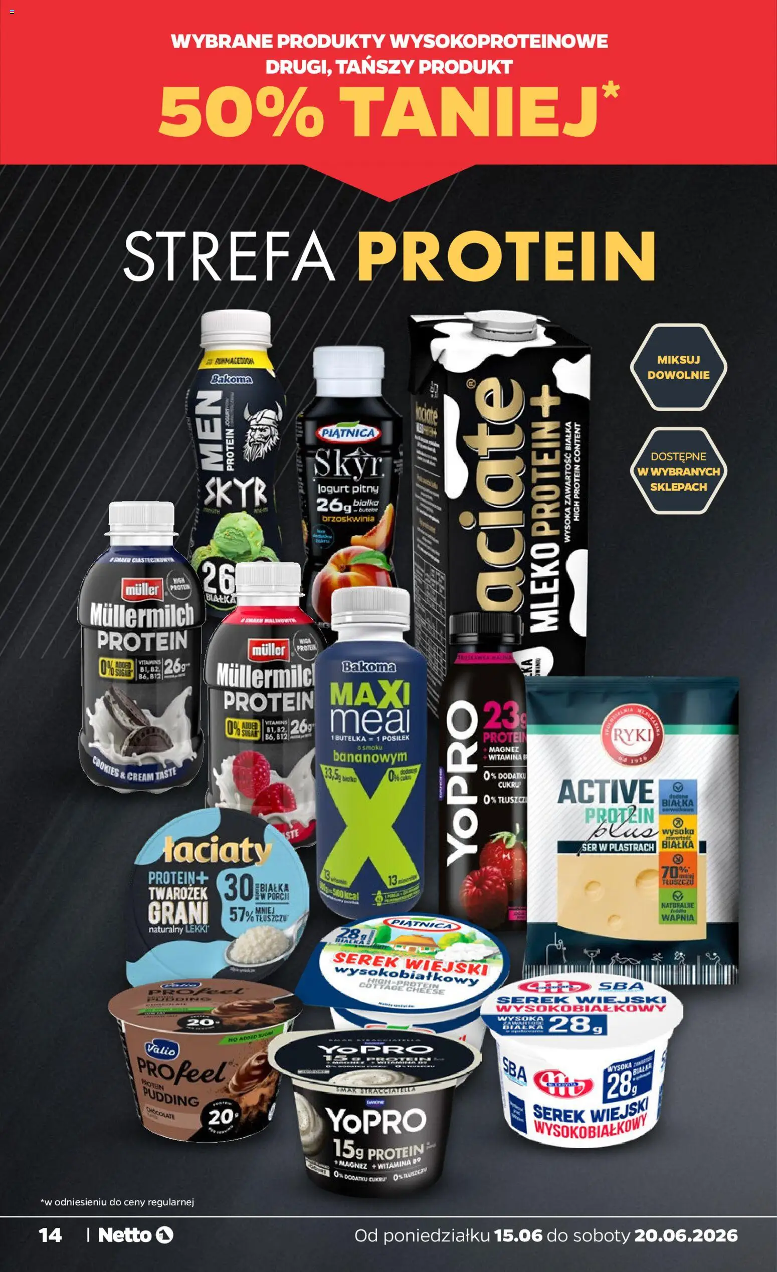 Netto gazetka od poniedziałku spożywcza od 15.06.2026 | Strona: 14 | Produkty: Malina, Jogurt pitny, Serek wiejski wysokobiałkowy, Skyr