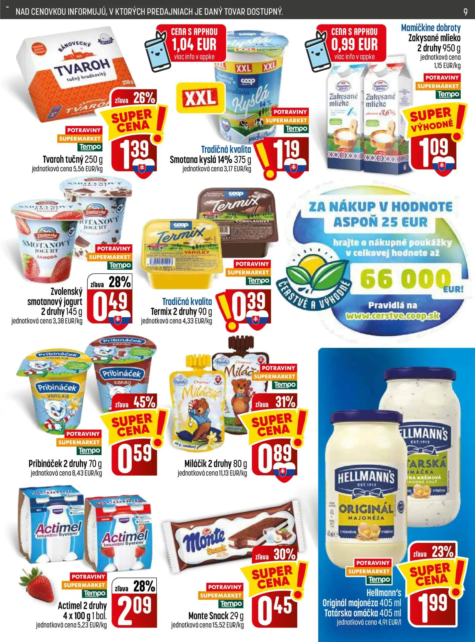 Nové COOP Jednota akcie – leták je platný od 09.07.2026 | Strana: 9 | Produkty: Mlieko, Jogurt, Tvaroh, Omáčka