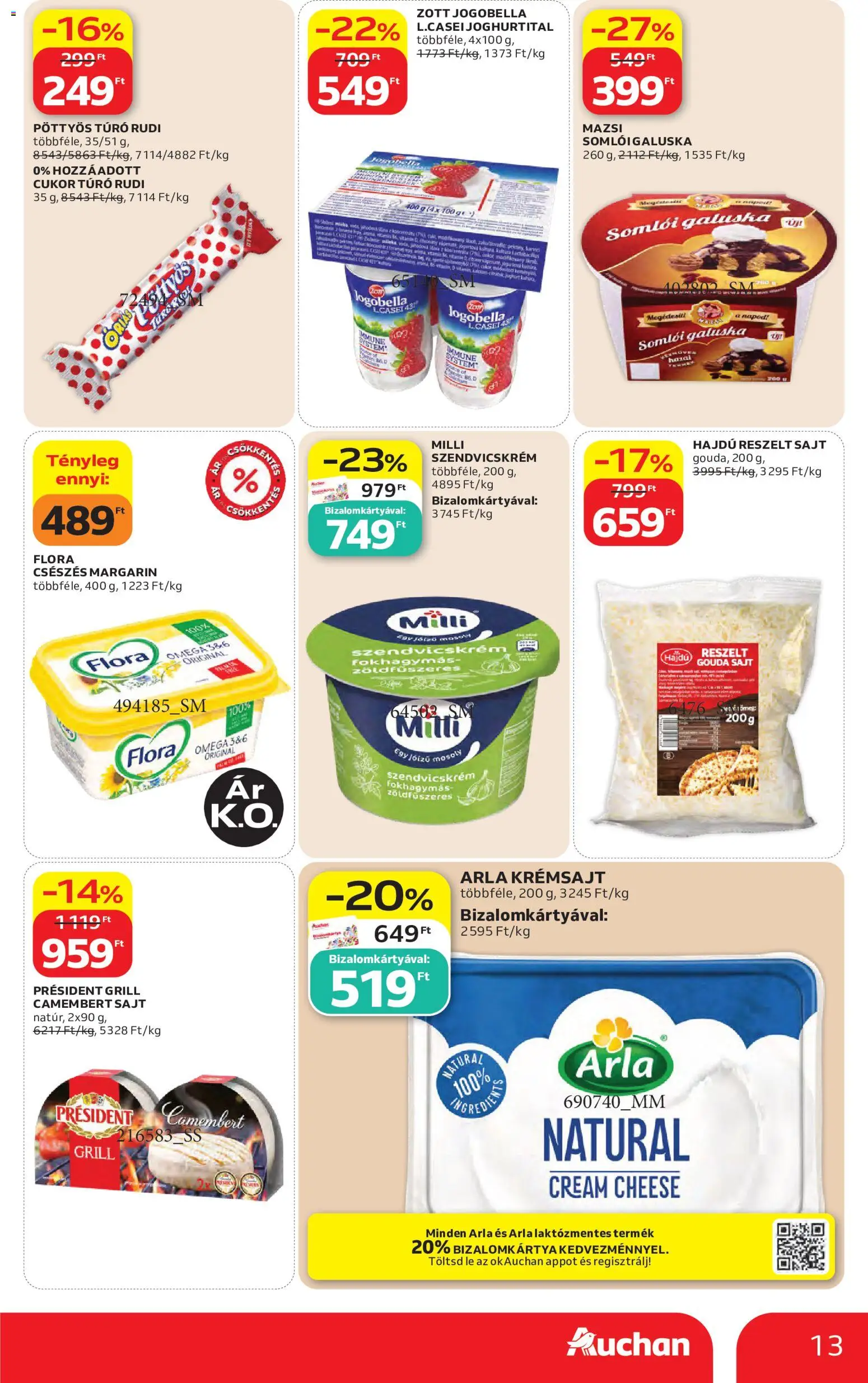 Auchan akciós ujság - amely érvényes a következő dátumtól: 2026.08.27. | Oldal: 13 | Termékek: Pöttyös, Laktózmentes, Omega, Camembert