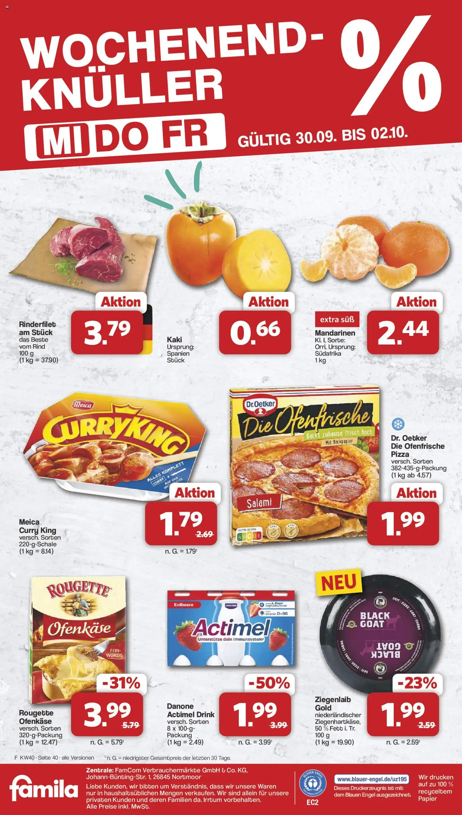 Famila Nordwest Prospekt – gültig ab 28.09.2026 | Seite: 40 | Produkte: Actimel, Rinderfilet, Ofenfrische, Salami