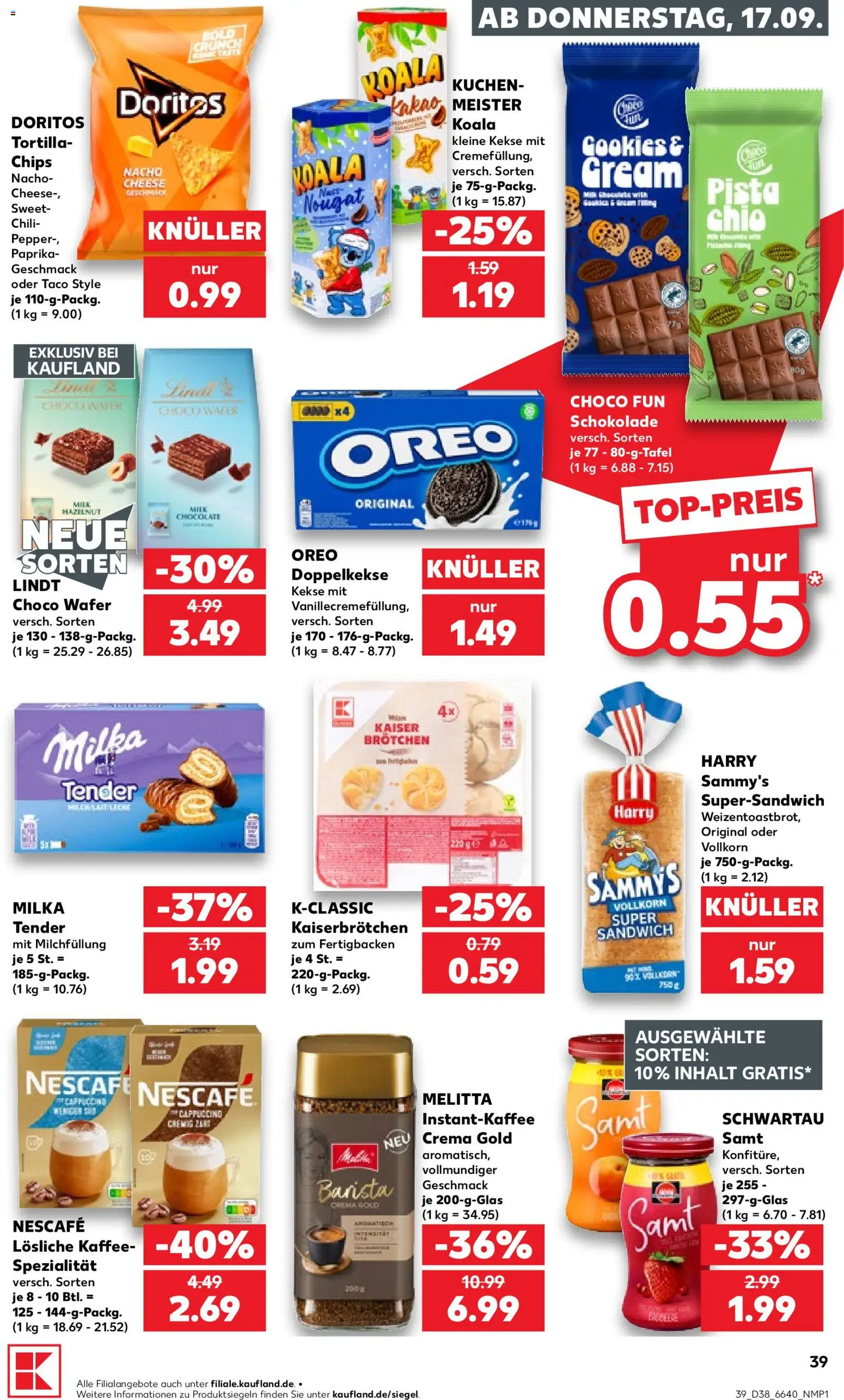 Kaufland Německo leták od 17.09.2026 | Strana: 39 | Produkty: Lindt, Cookies, Tortilla, Cappuccino