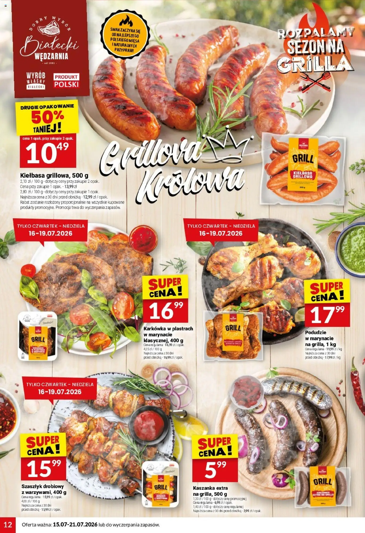 Twój Market gazetka od 15.07.2026 | Strona: 12 | Produkty: Kiełbasa, Karkówka, Grill, Kaszanka