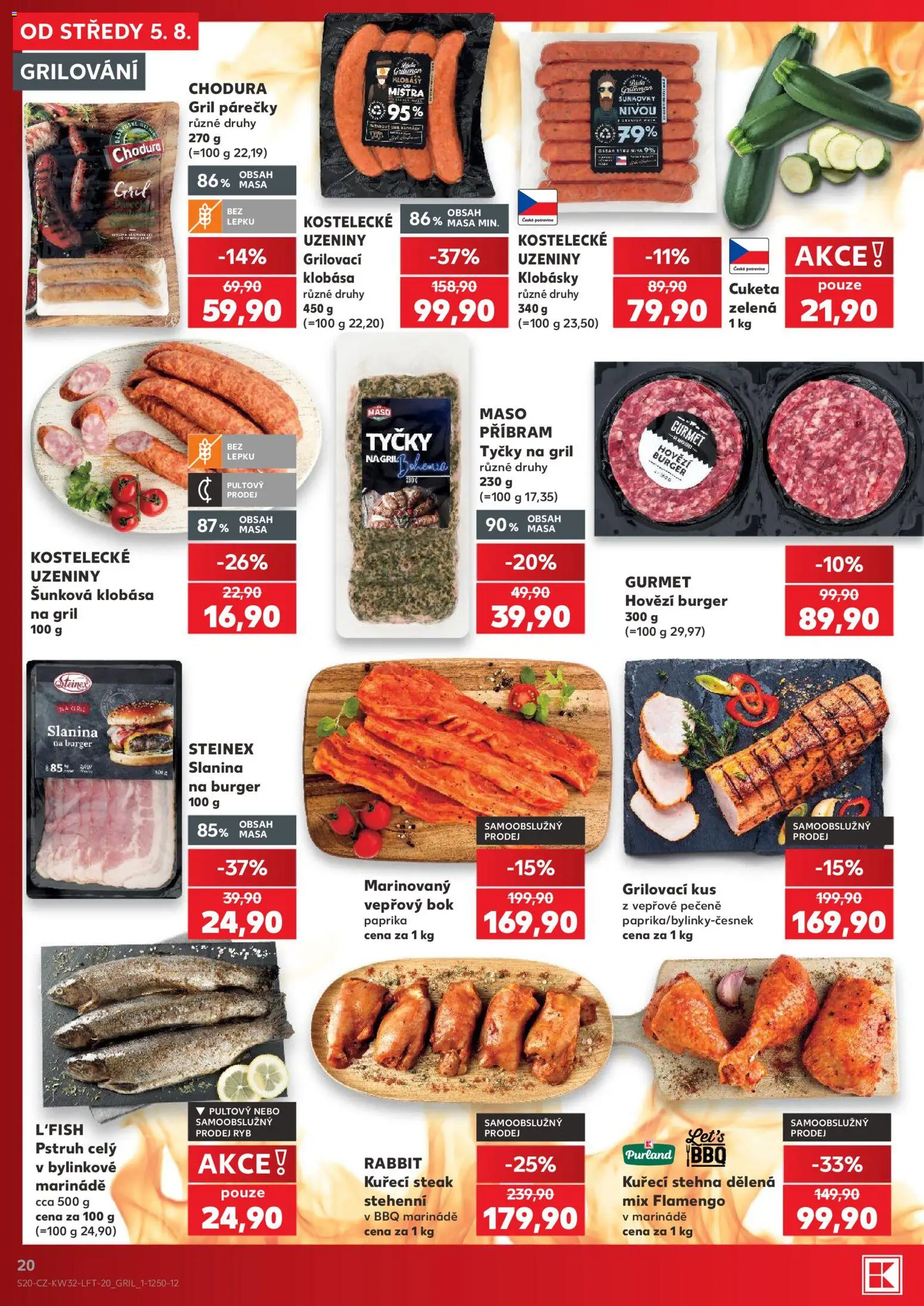 Kaufland leták - Praha 8 od 05.08.2026 | Strana: 20 | Produkty: Grilování, Uzeniny, Klobásky, Slanina