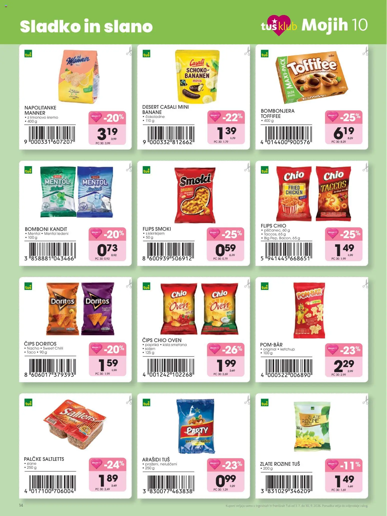 Novi Tuš katalog ponudbe – veljaven od 03.07.2026 | Stran: 14 | Izdelki: Napolitanke, Paprika, Flips, Kisla smetana