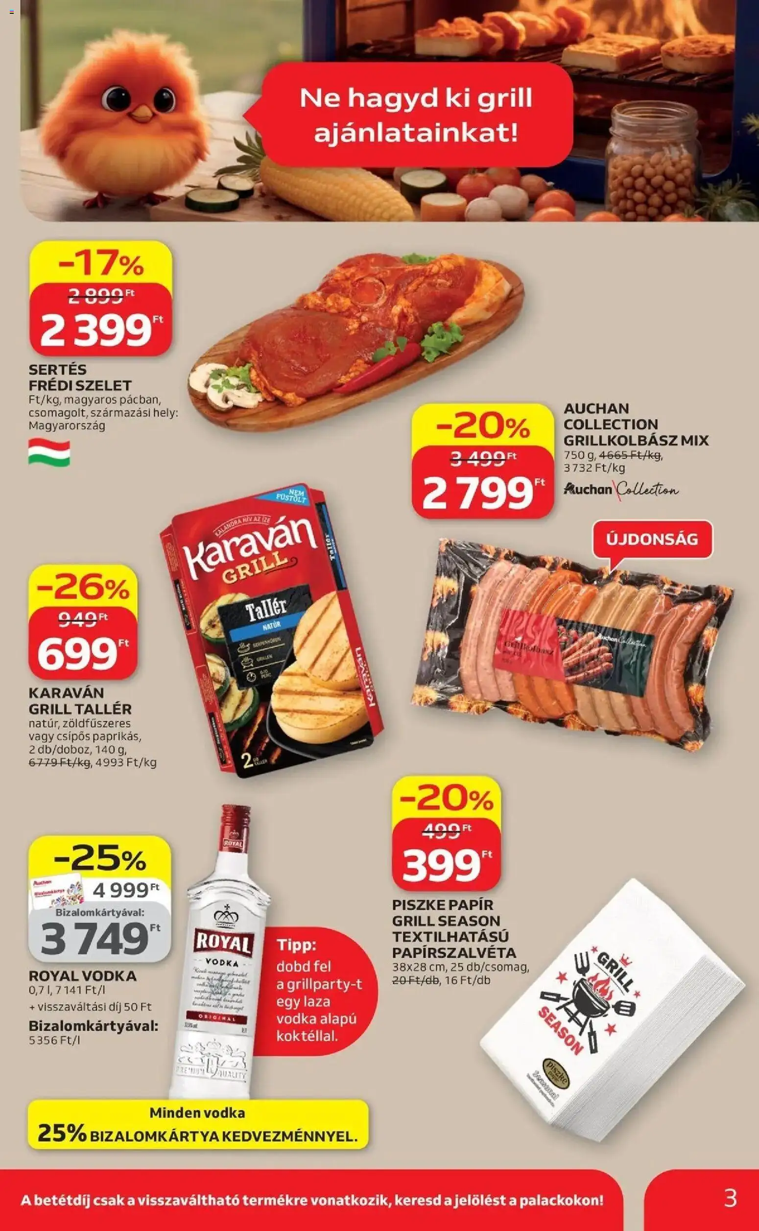 Auchan akciós ujság - amely érvényes a következő dátumtól: 09.04.2026 | Oldal: 3 | Termékek: Grillkolbász, Grill, Vodka