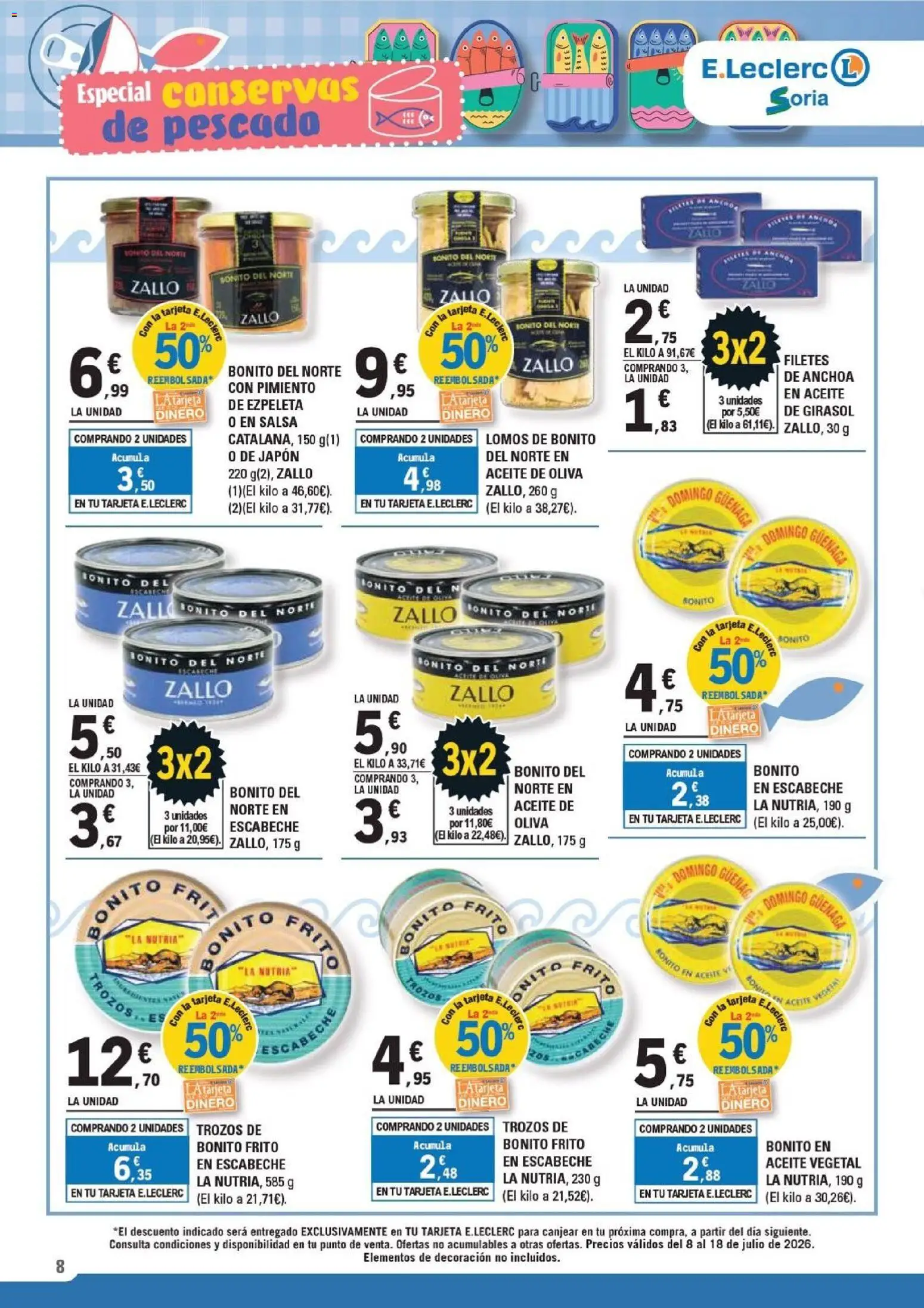 E.Leclerc folleto Soria │ válido desde el 08/07/2026 | Página: 8 | Productos: Aceite, Pescado, Κάδος απορρυμάτων, Aceite de oliva