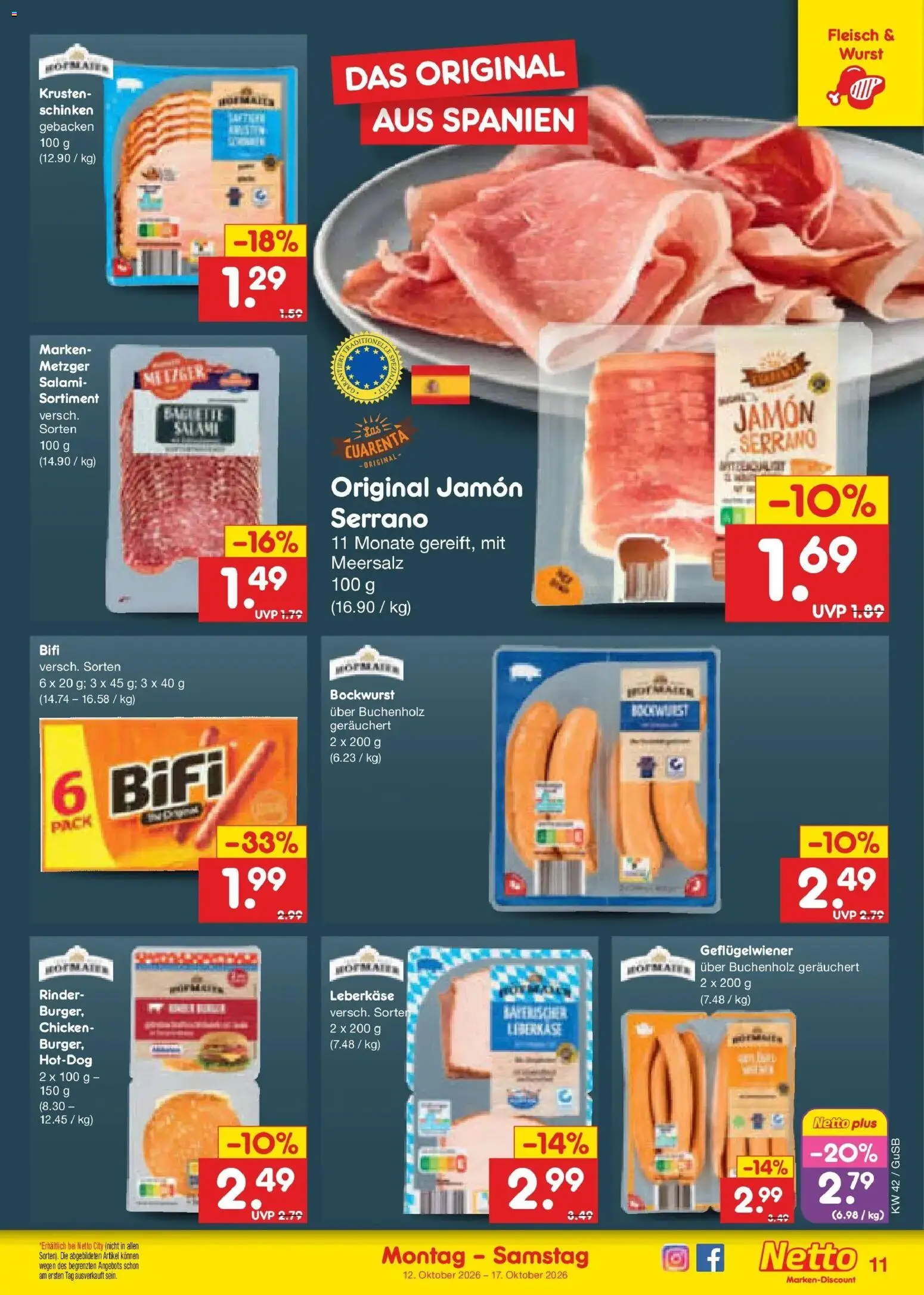 Netto Marken-Discount Prospekt Machern (ab 12.10.2026) » Angebote | Seite: 13 | Produkte: Bockwurst, Baguette, Salami, Schinken