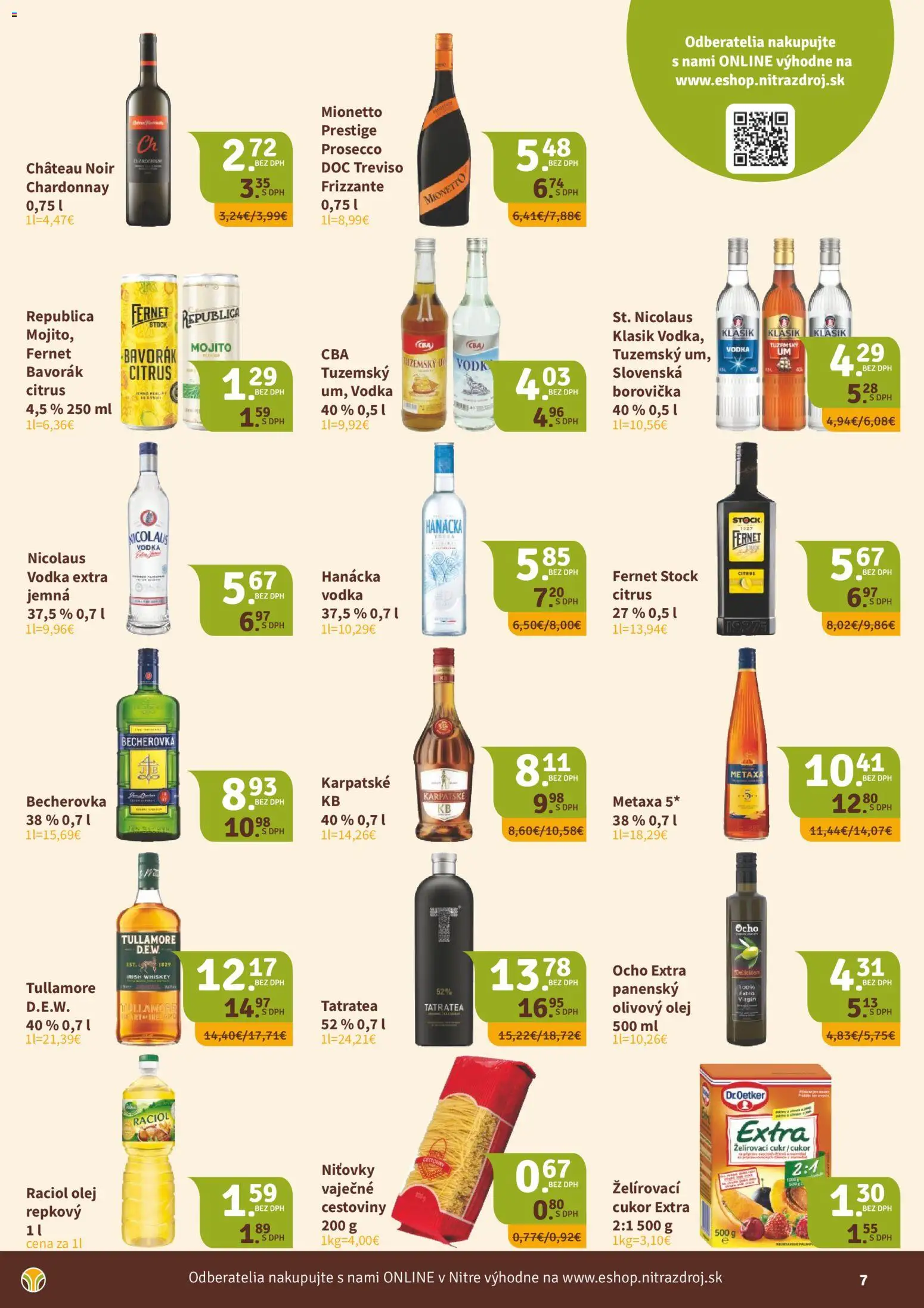 Nové Nitrazdroj akcie – leták je platný od 02.07.2026 | Strana: 7 | Produkty: Prosecco, Raciol olej, Republica, Vodka