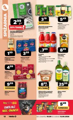Pogląd oferty "Majonez, Majonez > delikatesowy Chestfords > luksusowy Qualio 400 ml; 13,73/l > sałatkowy Fittio 600 ml; 9,15/l" - ważna od 10.09.2026 | Strona: 12 | Produkty: Makaron Barilla, Specjały, Passata pomidorowa, Majonez