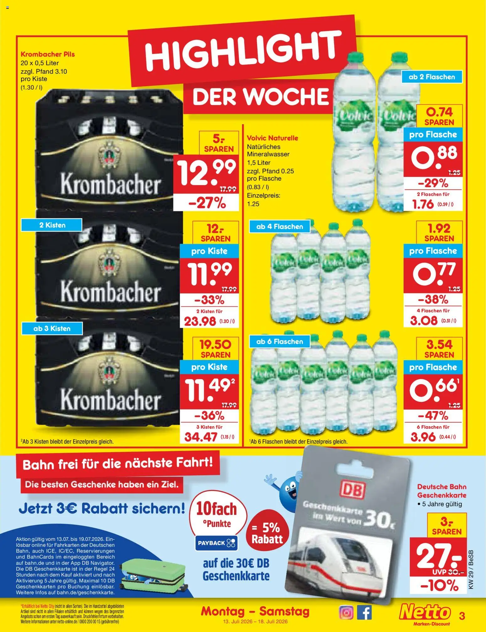 Netto Marken-Discount Prospekt – gültig ab 13.07.2026 | Seite: 3 | Produkte: Pils, Mineralwasser, Krombacher, Volvic