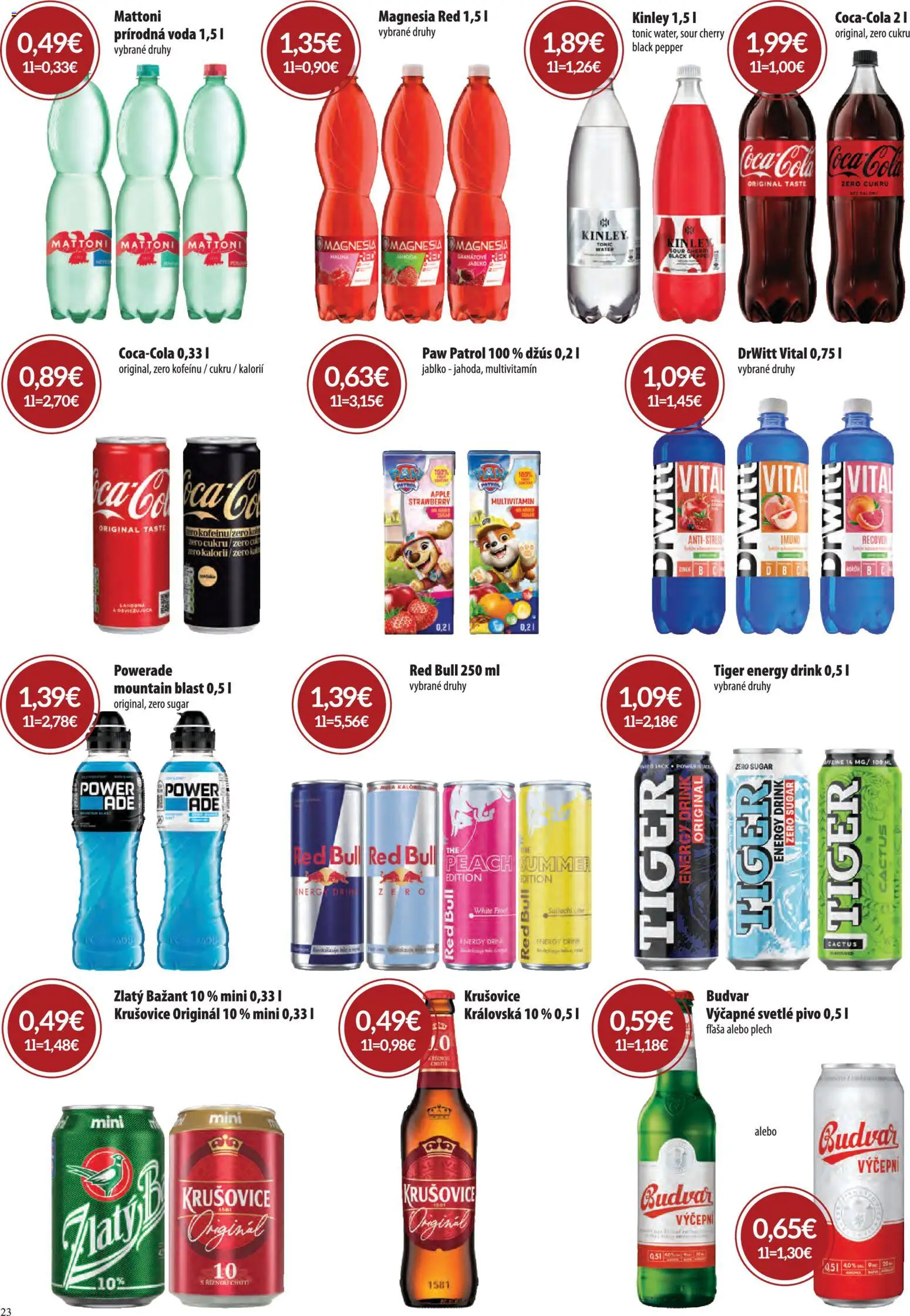 Nové CBA Verex akcie – leták je platný od 07.05.2026 | Strana: 23 | Produkty: Pivo, Džús, Budvar, Voda