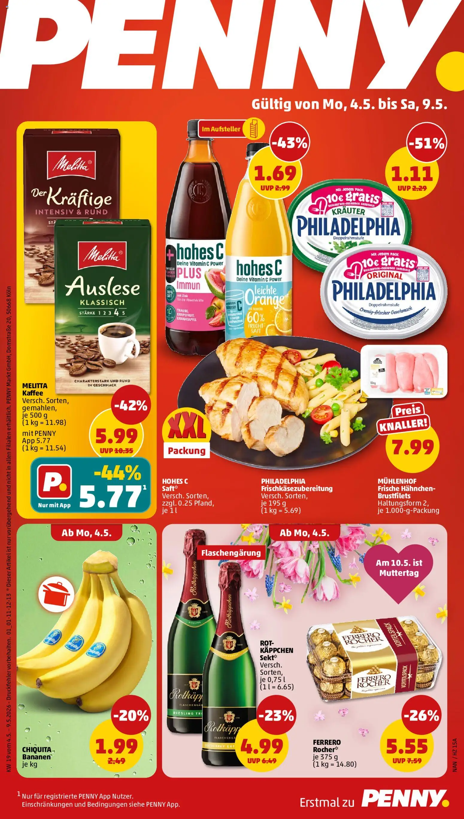 Penny Prospekt 	 – gültig ab 04.05.2026 | Seite: 1 | Produkte: Hahnchen, Sekt, Bananen, Hohes c