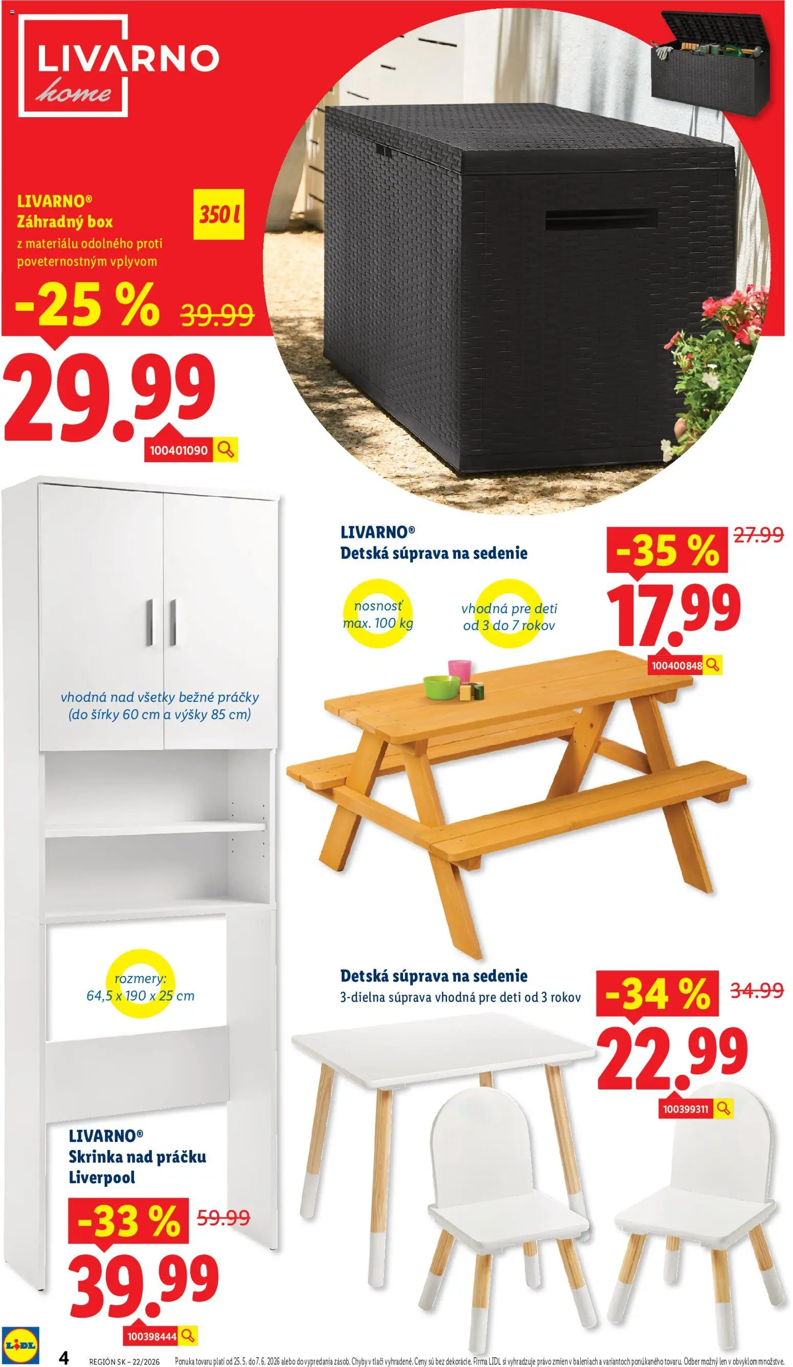 Nové Lidl akcie – leták je platný od 25.05.2026 | Strana: 4 | Produkty: Záhradný box, Skrinka, Skrinka nad práčku, Práčky