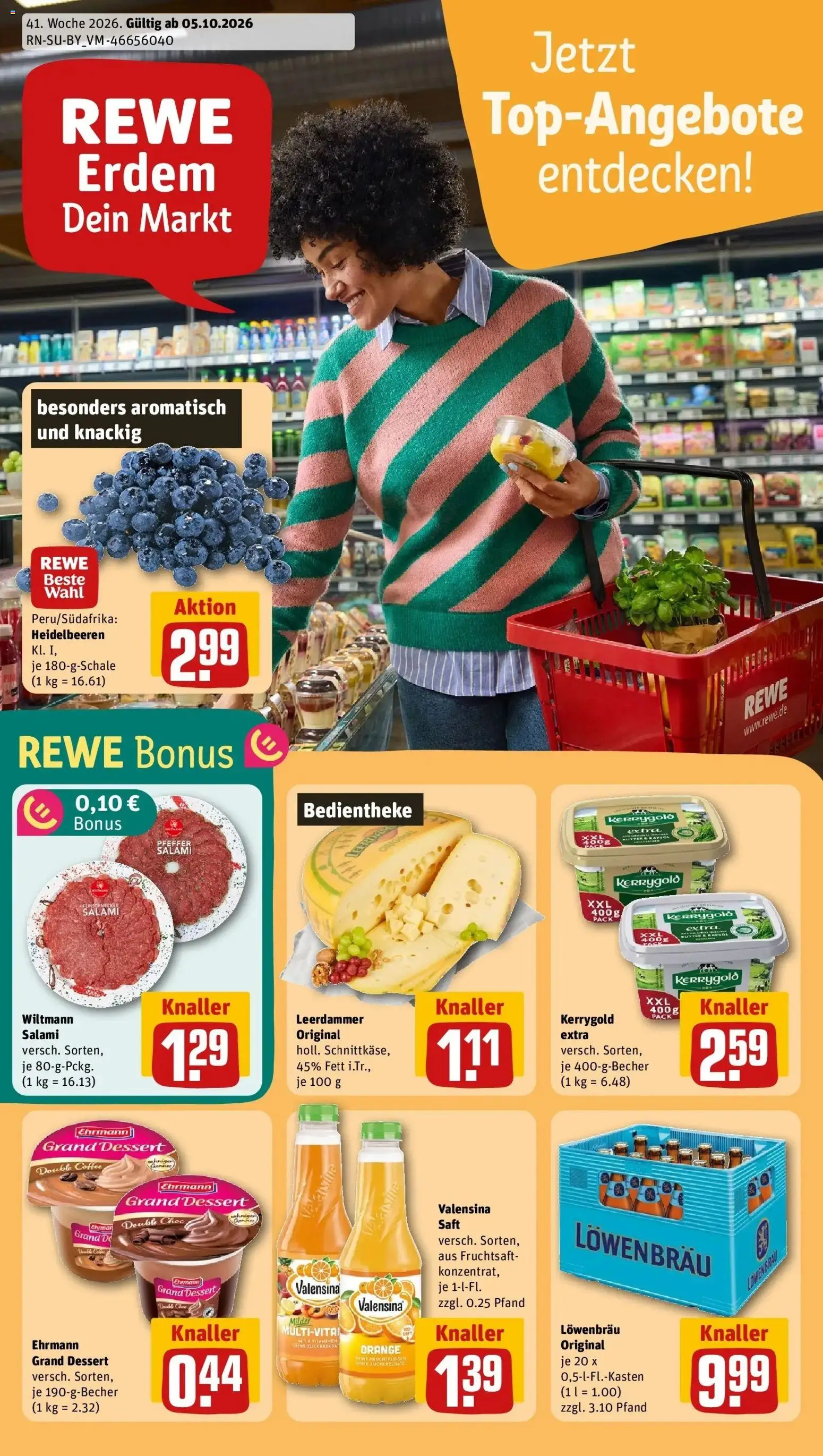 REWE Prospekt ab 05.10.2026 zum Blättern » Angebote | Seite: 1 | Produkte: Leerdammer, Heidelbeeren, Valensina, Saft