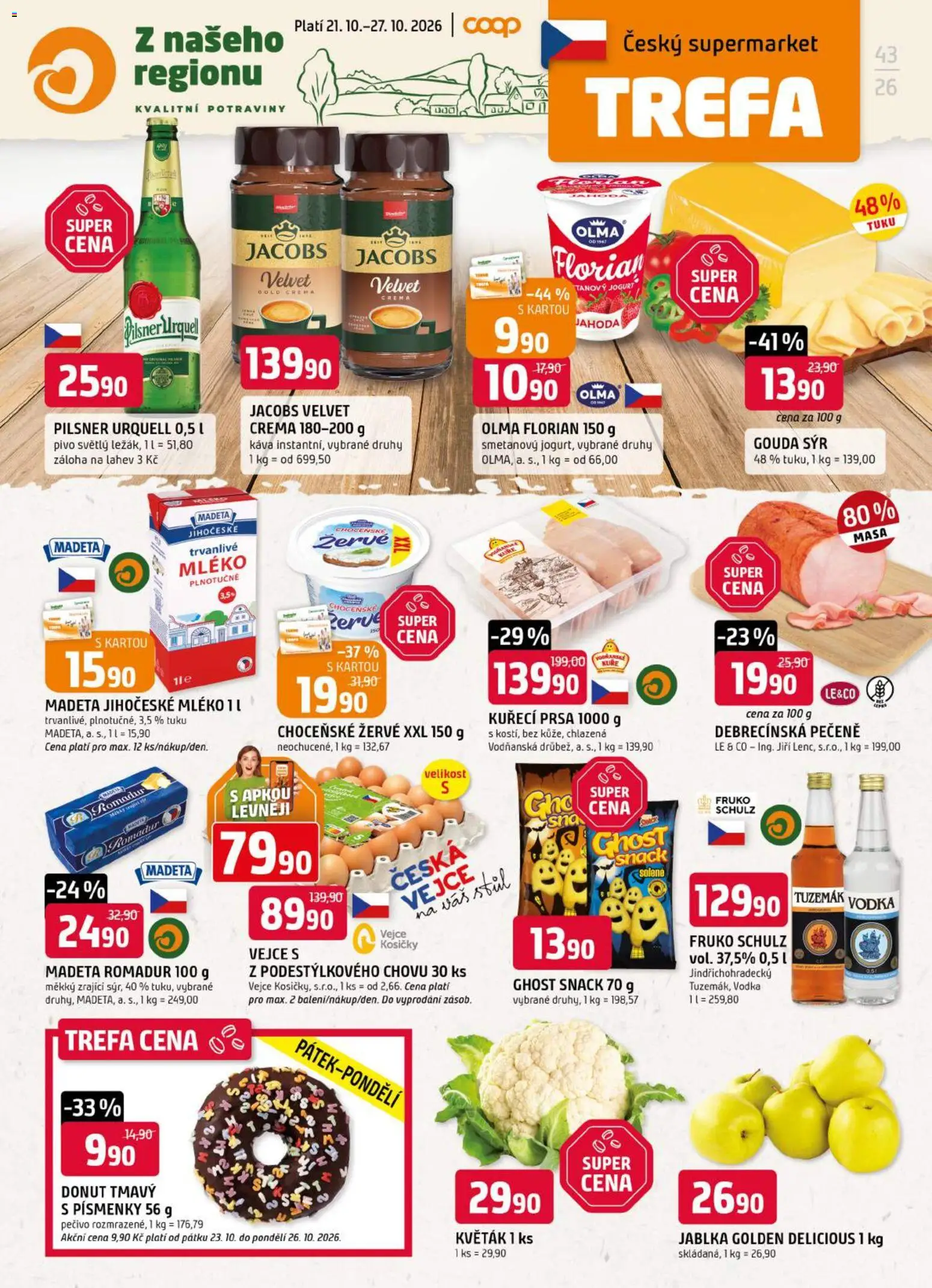 Trefa leták od 21.10.2026 | Strana: 1 | Produkty: Mléko, Káva, Vodka, Crema