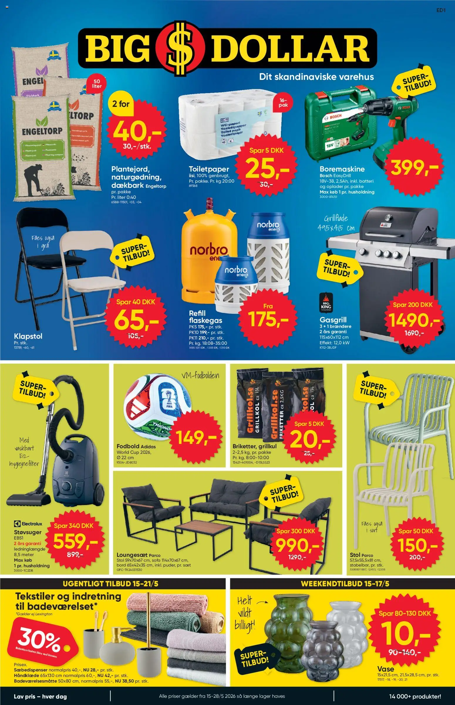 Bigdollar tilbudsavis – gyldig fra 15.05.2026 | Side: 1 | Produkter: Sofa, Toilet, Boremaskine, Støvsuger