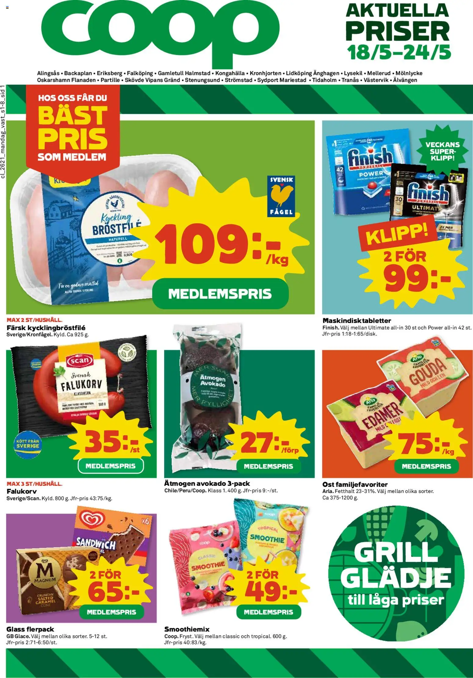 Coop reklamblad aktuell från 18.05.2026 | Sida: 1 | Produkter: Grill, Falukorv, Ost, Glass