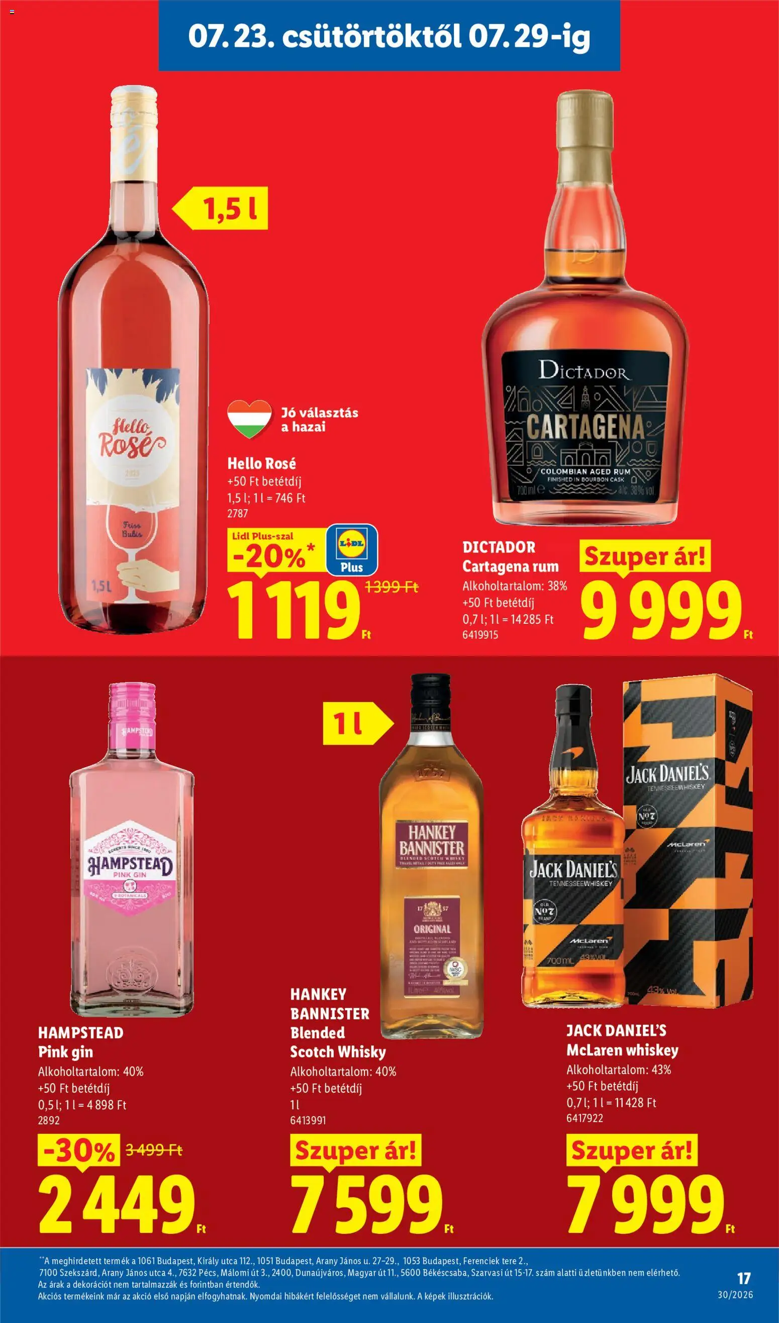 Lidl akciós ujság - amely érvényes a következő dátumtól: 2026.07.23. | Oldal: 17 | Termékek: Whiskey, Szarvasi, Jack Daniel’s, Rum