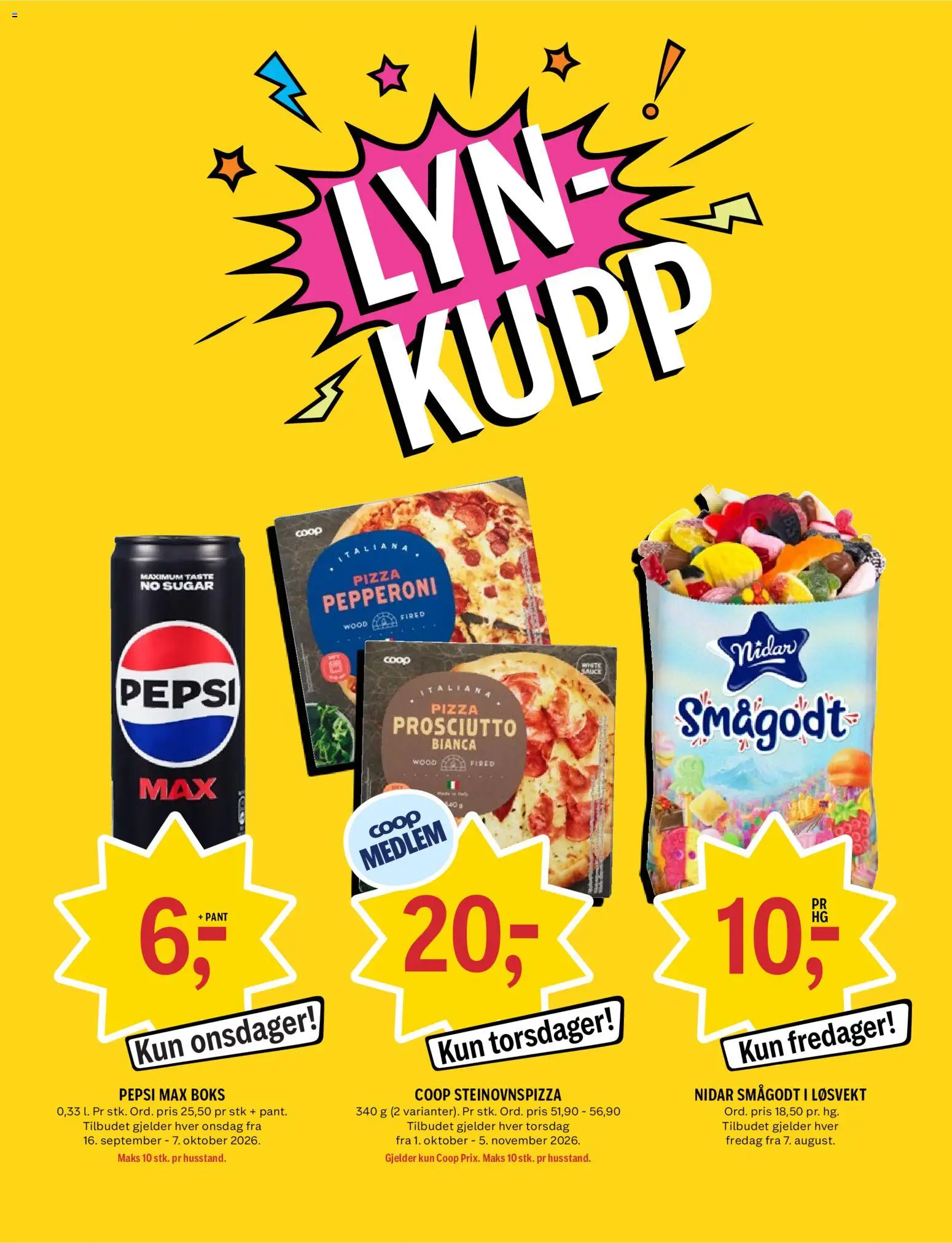 {H1} | Side: 12 | Produkter: Pizza, Smågodt, Pepsi, Boks