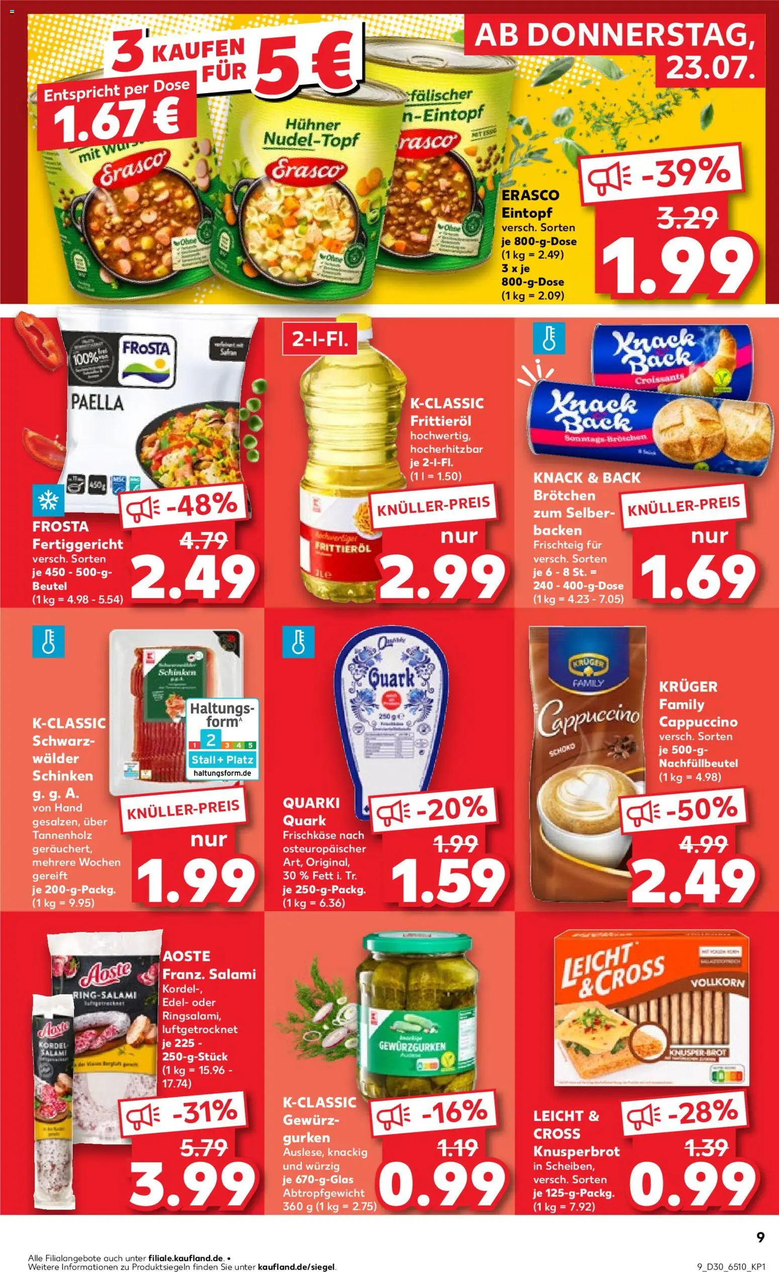 Kaufland Prospekt Köln – gültig ab 23.07.2026 | Seite: 9 | Produkte: Quark, Frosta, Schinken, Erasco