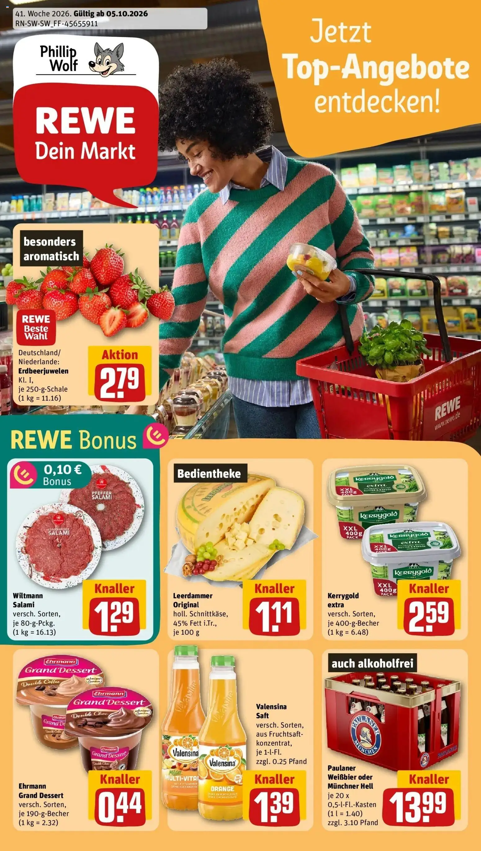 REWE Prospekt ab 05.10.2026 zum Blättern » Angebote | Seite: 1 | Produkte: Ehrmann grand dessert, Leerdammer, Valensina, Salami