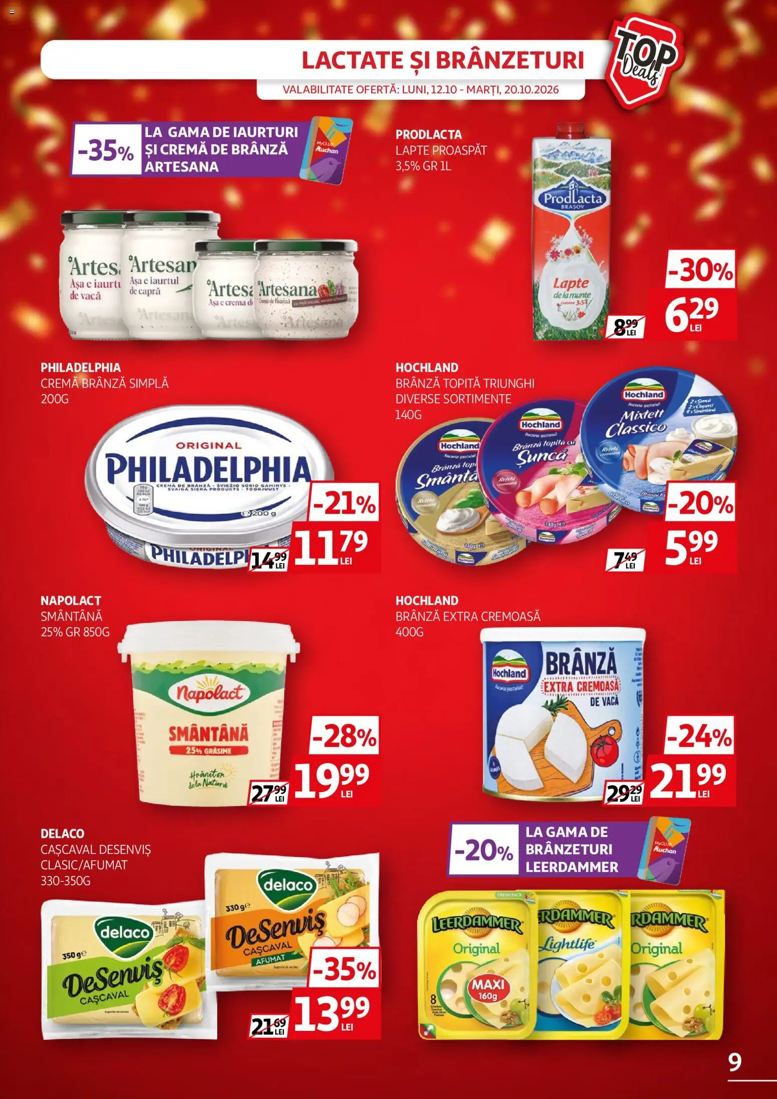 Noul catalog Auchan – valabil de la 12.10.2026 | Pagină: 9 | Produse: Cașcaval, Lapte, Hochland, Cremă de brânză