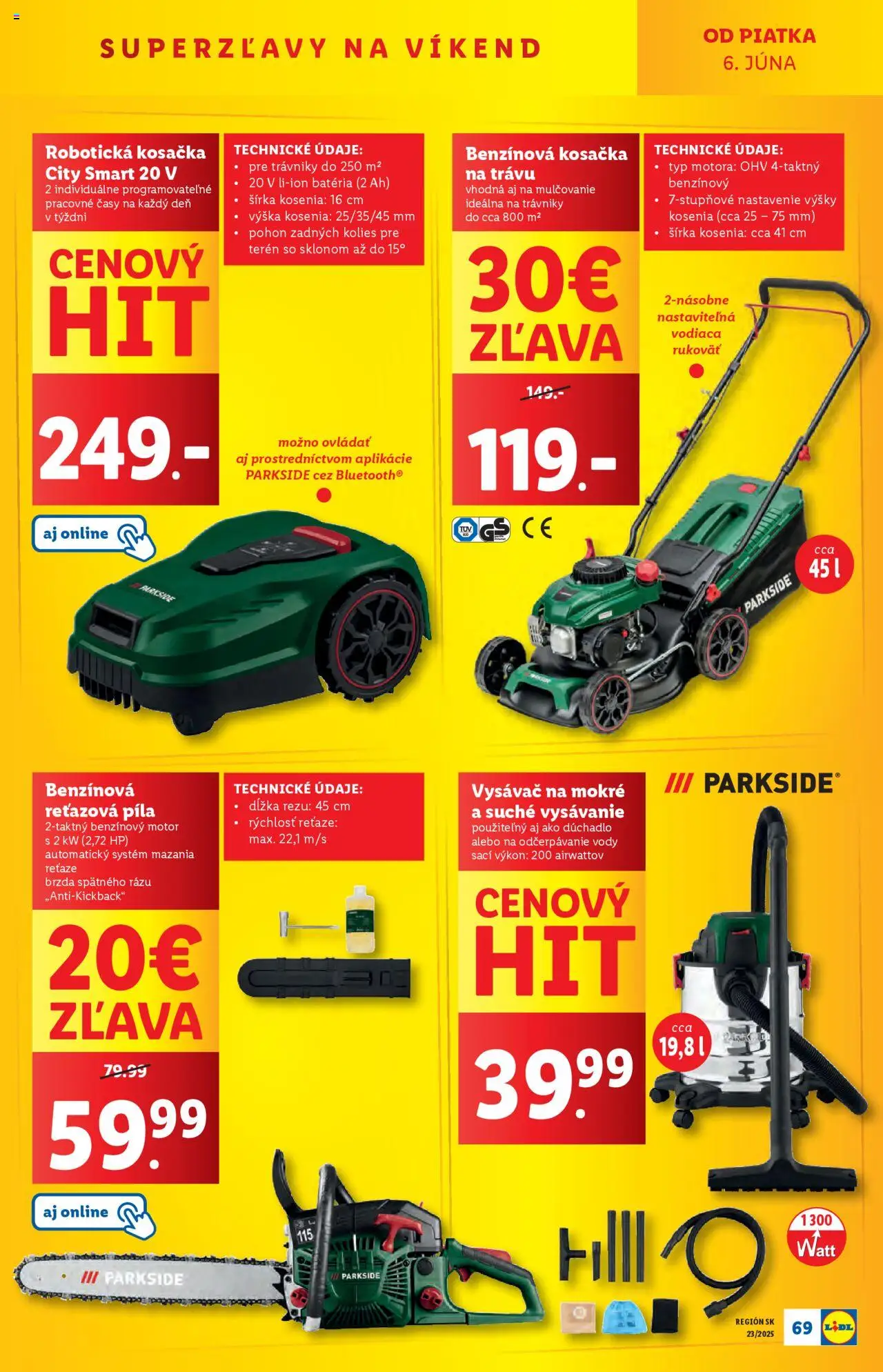 Nové Lidl akcie – leták je platný od 02.06.2025 | Strana: 69 | Produkty: Robotická kosačka, Reťazová píla, Kosačka, Píla