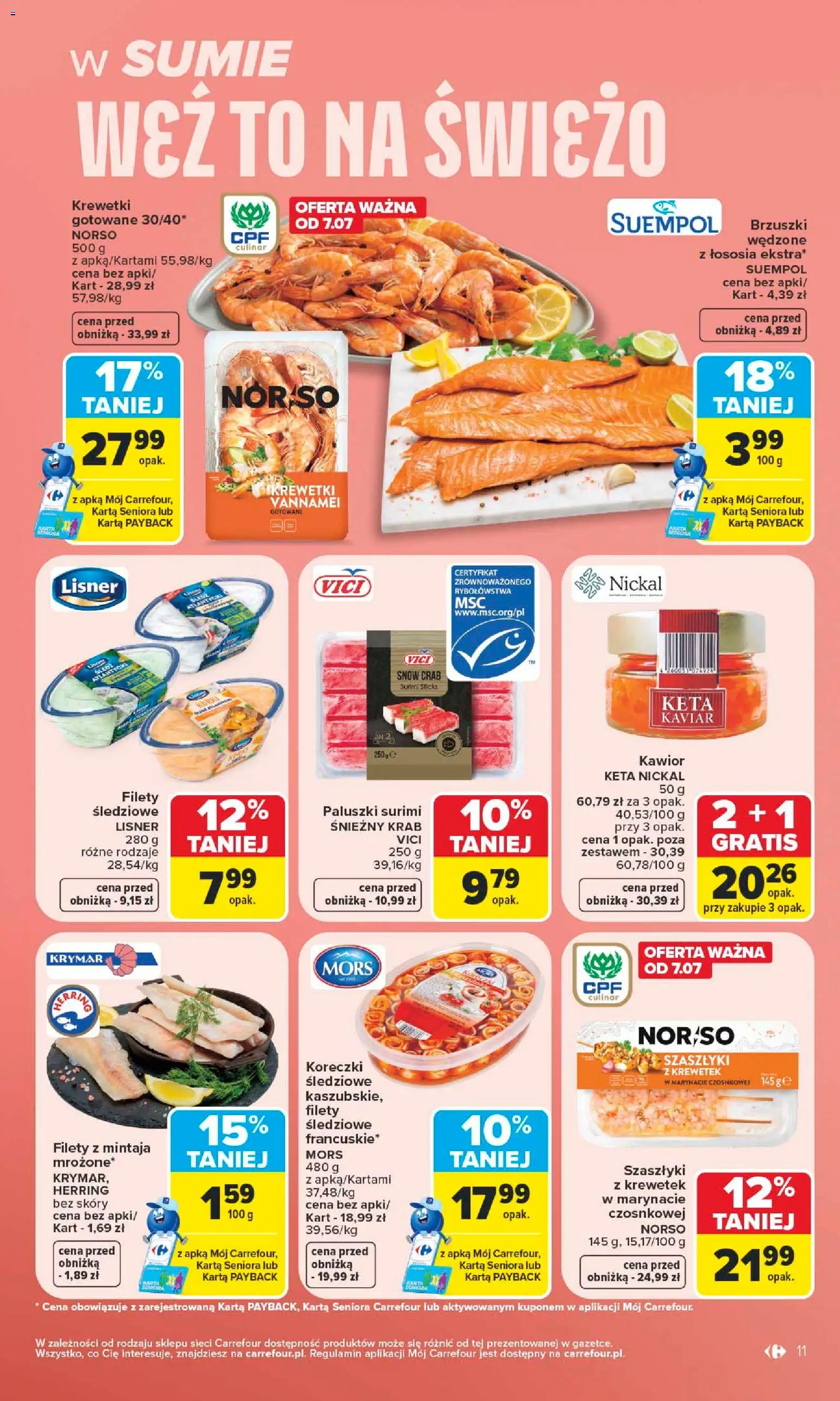 Carrefour gazetka od 06.07.2026 | Strona: 11 | Produkty: Karta, Surimi, Paluszki, Krewetki vannamei