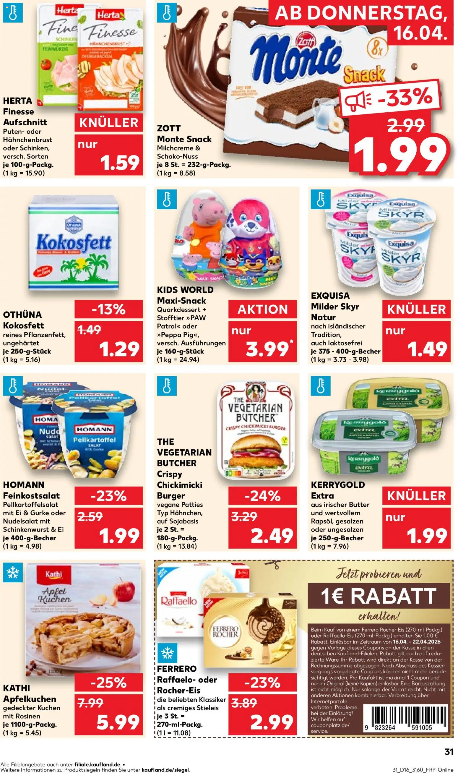 Kaufland Prospekt – gültig ab 16.04.2026 | Seite: 31 | Produkte: Burger, Skyr, Rosinen, Salat