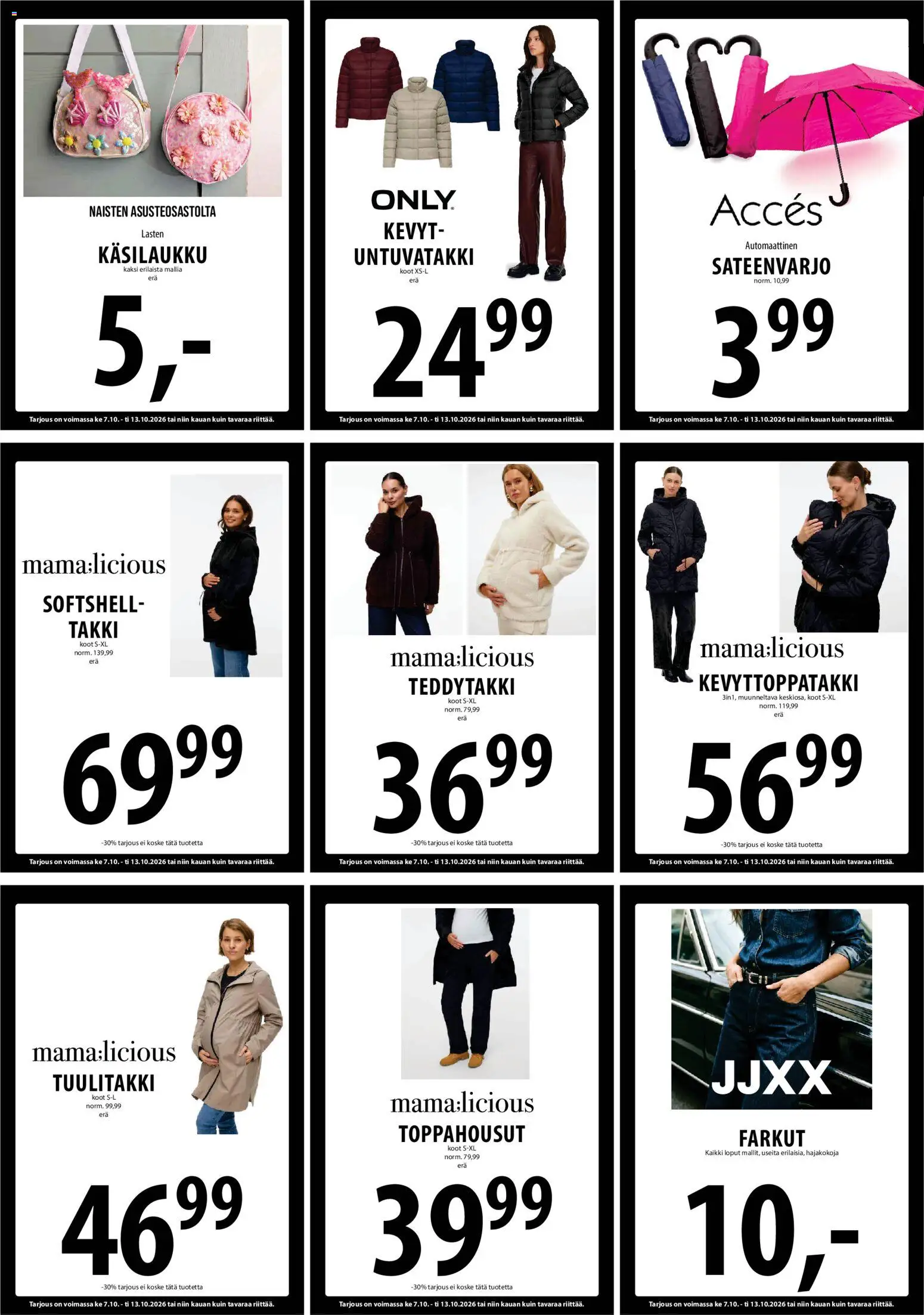 Tuuri tarjoukset – voimassa 07/10/2026 alkaen | Sivu: 22 | Tuotteet: Takki, Käsilaukku, Sateenvarjo, Farkut