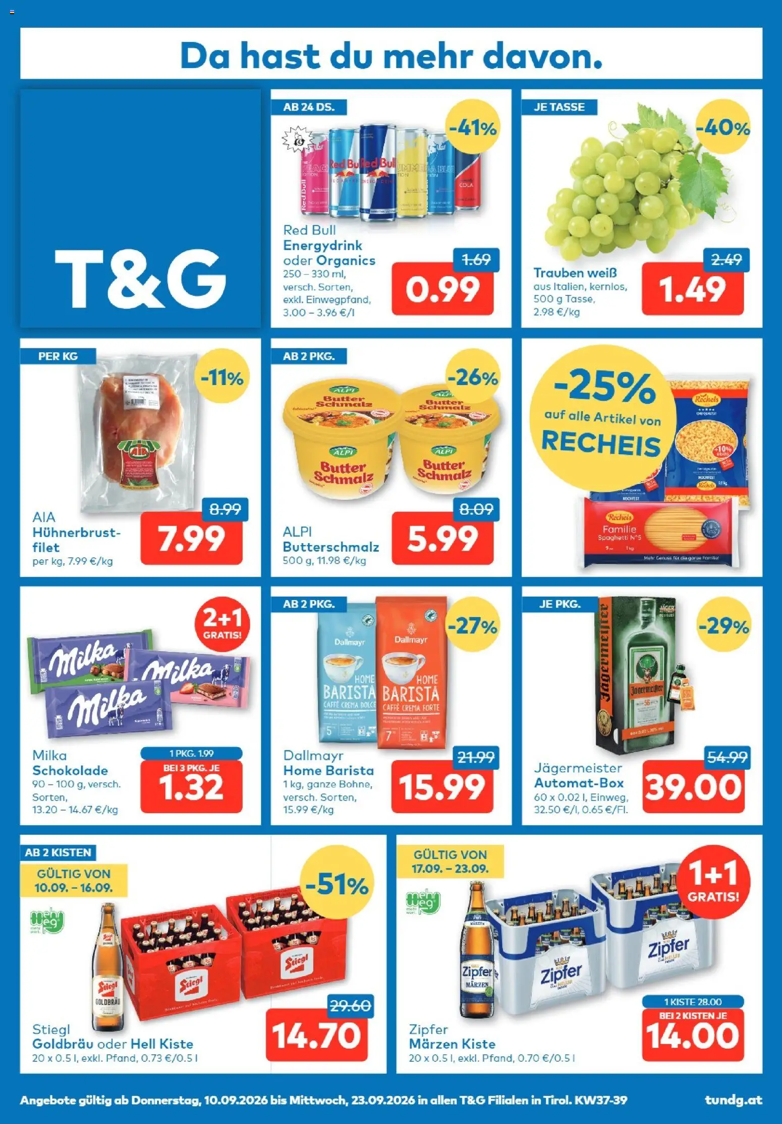 T&G Tirol gültig ab 10.09.2026 | Seite: 1 | Produkte: Schmalz, Butter, Spaghetti, Schokolade
