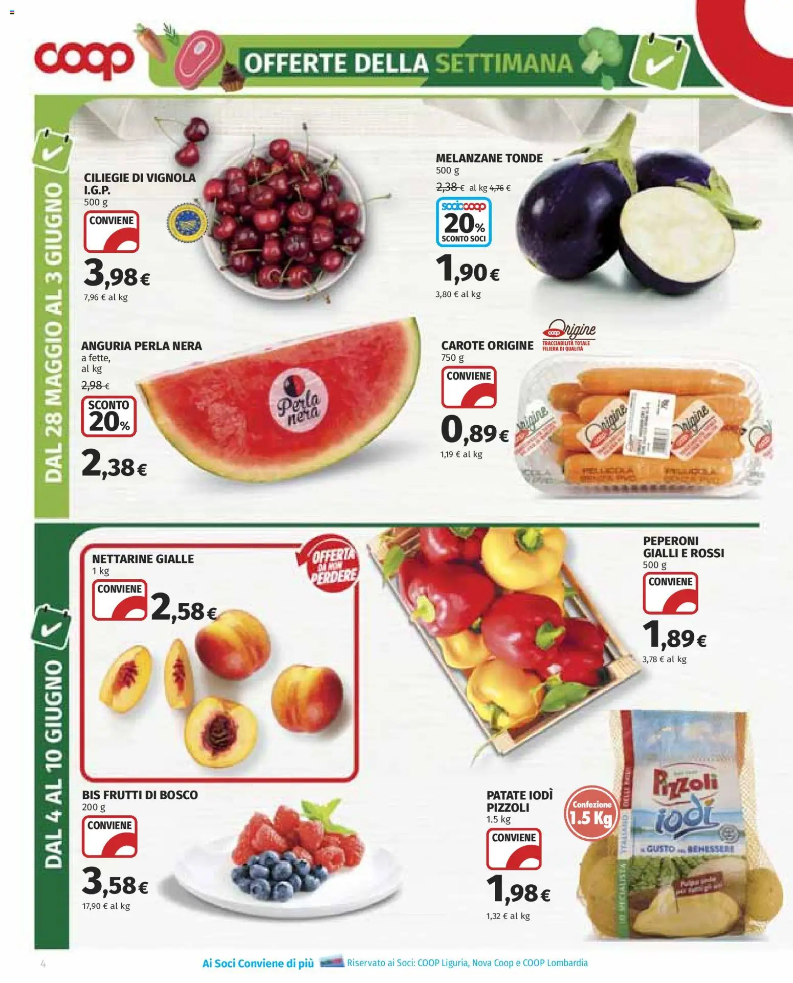Volantino COOP del 28.05.2026 | Pagina: 4 | Prodotti: Patate, Carote, Anguria, Melanzane
