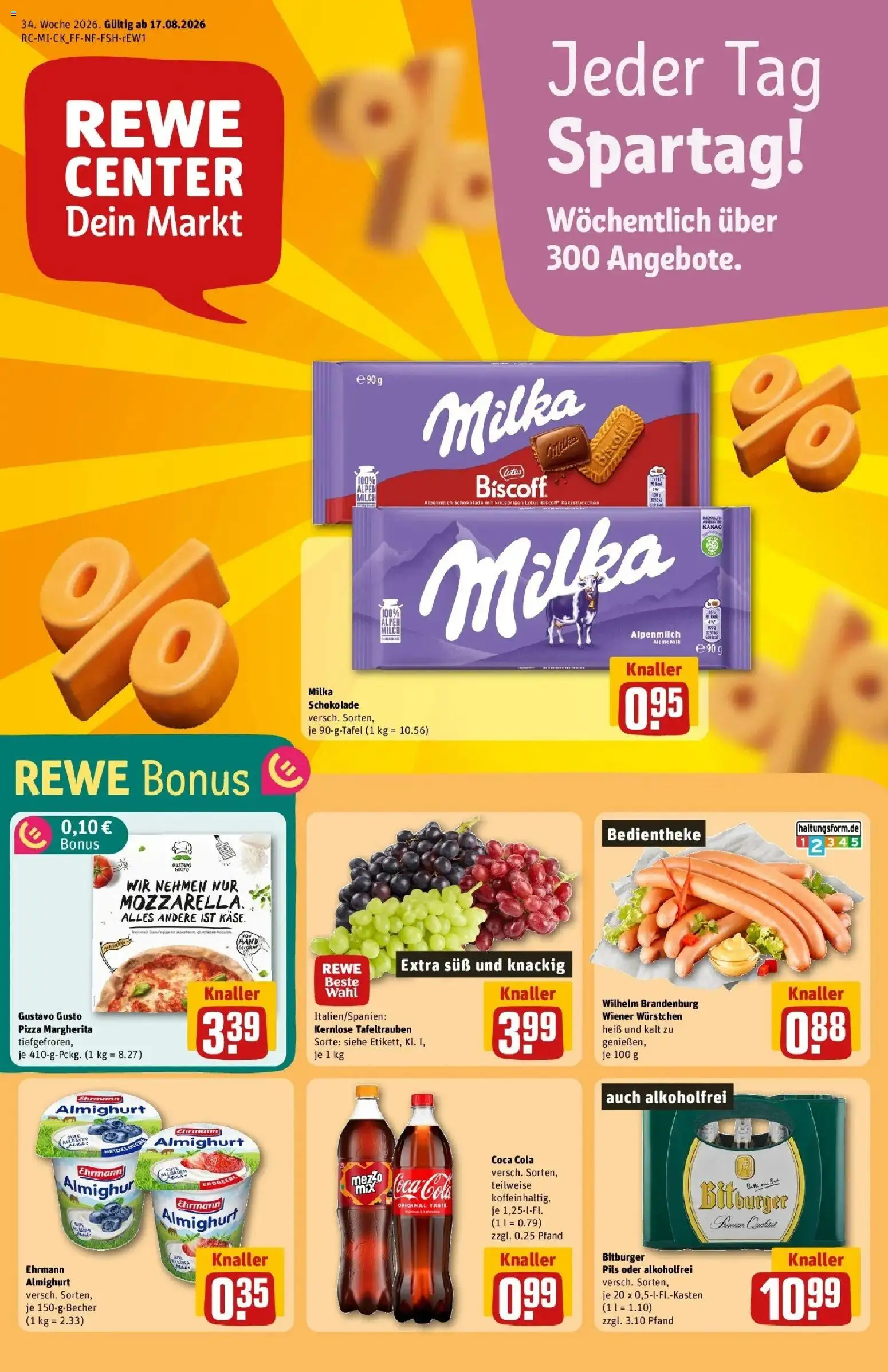 REWE Prospekt ab 17.08.2026 zum Blättern » Angebote | Seite: 1 | Produkte: Wiener wurstchen, Coca cola, Käse, Pizza