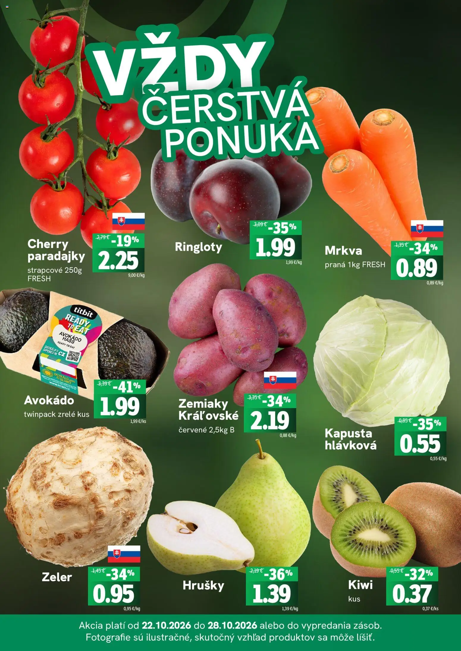 Nové Fresh akcie – leták je platný od 22.10.2026 | Strana: 3 | Produkty: Kapusta, Mrkva, Zemiaky, Hrušky