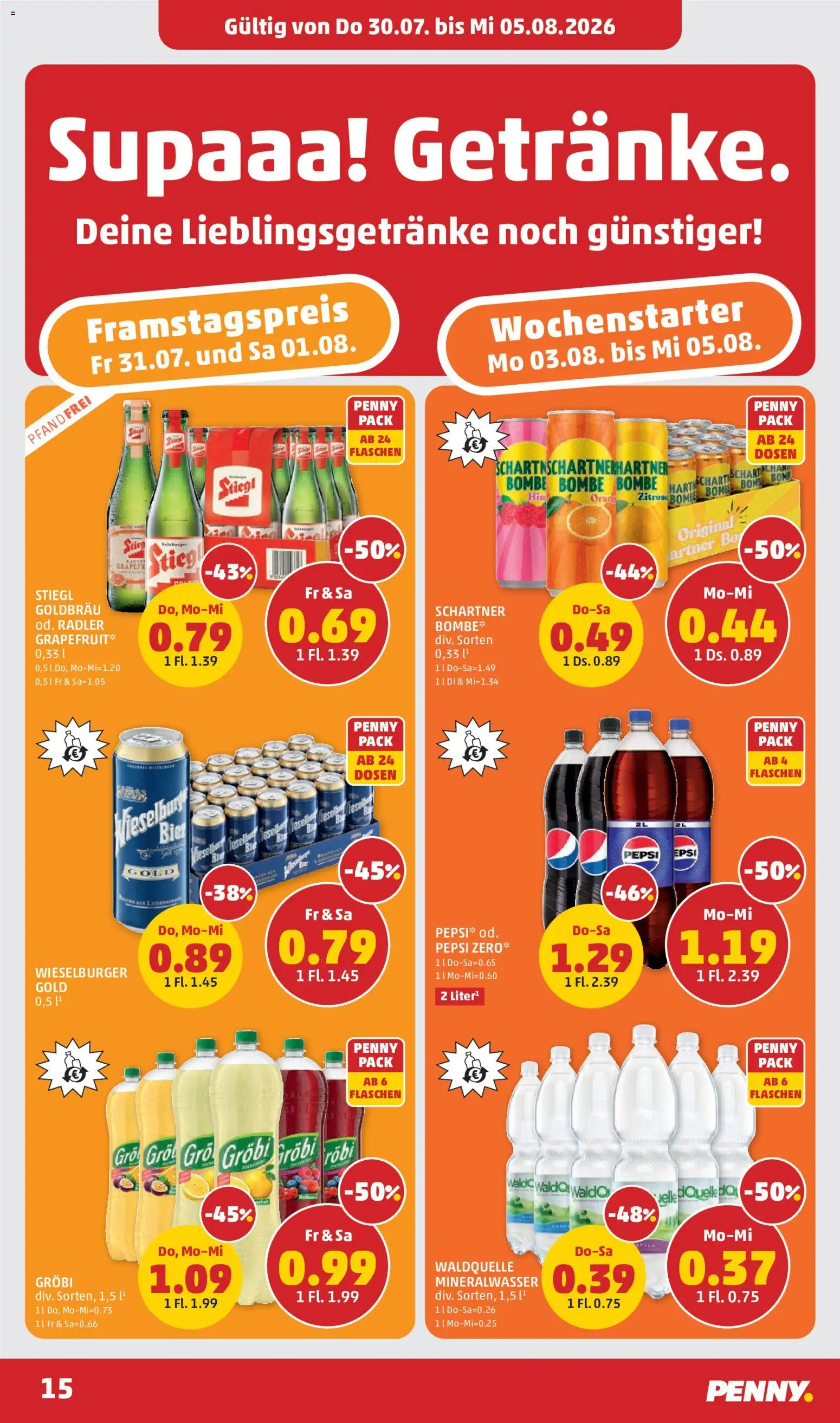 Penny Markt Flugblatt gültig ab 30.07.2026 | Seite: 15 | Produkte: Mineralwasser, Radler, Pepsi