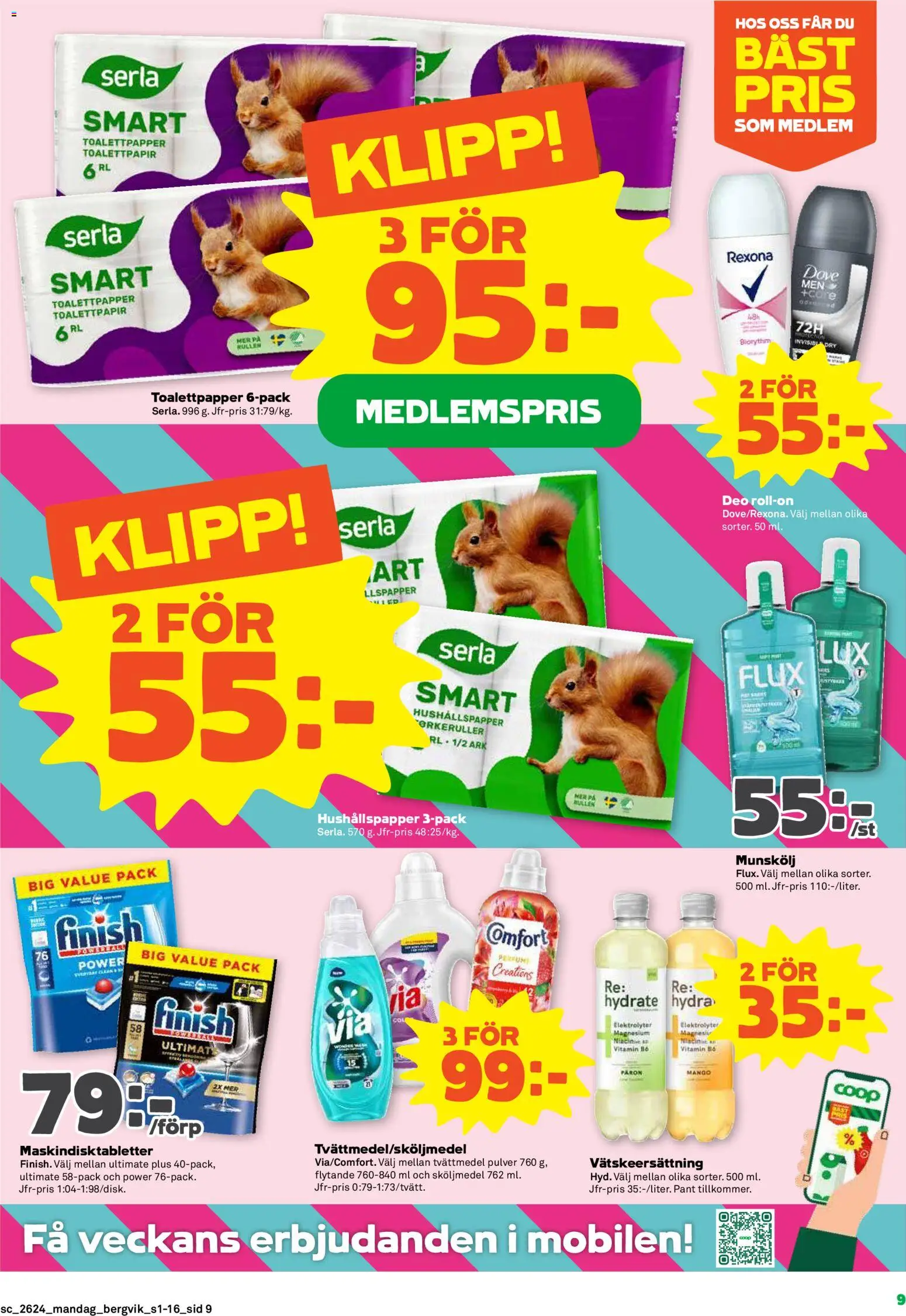 Stora Coop reklamblad aktuell från 08.06.2026 | Sida: 9 | Produkter: Tvättmedel, Sköljmedel, Toalettpapper, Hushållspapper