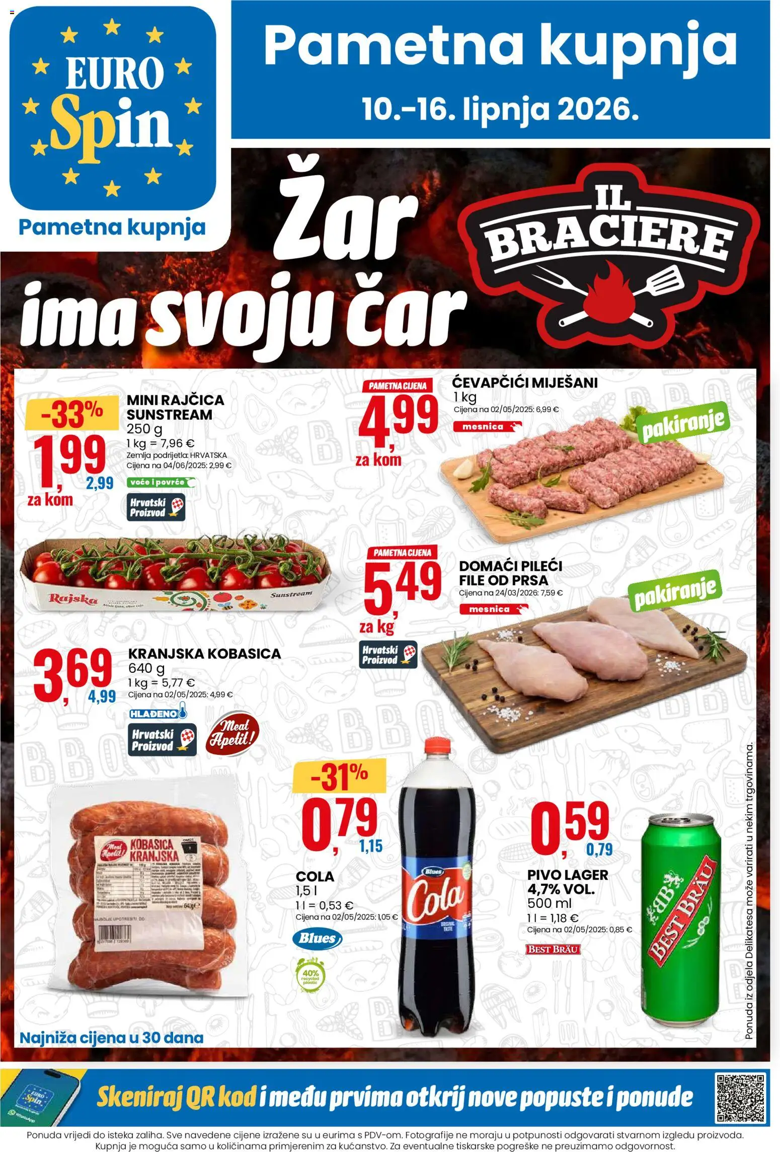 Eurospin katalog | vrijedi od 10.06.2026 | Stranica: 1 | Proizvodi: Pileći file, Pivo, Kranjska kobasica, Rajčica