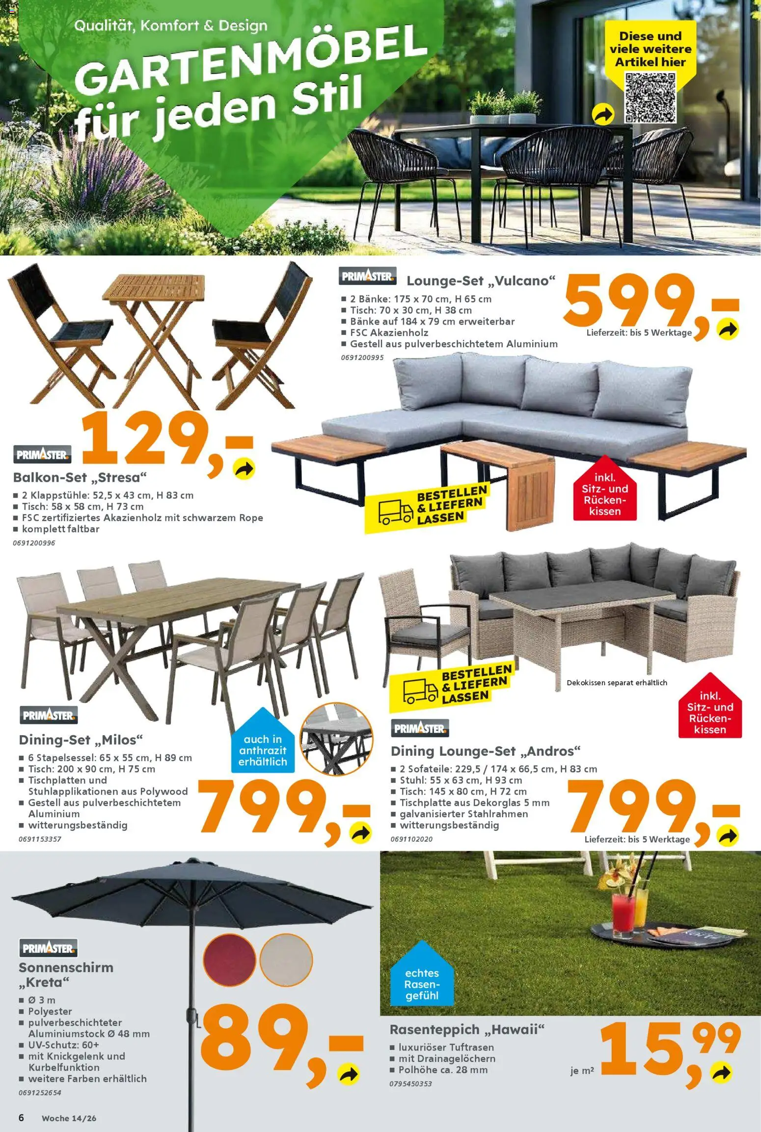 Globus Baumarkt Prospekt 	 – gültig ab 30.03.2026 | Seite: 6 | Produkte: Kissen, Tisch, Gartenmöbel, Sonnenschirm
