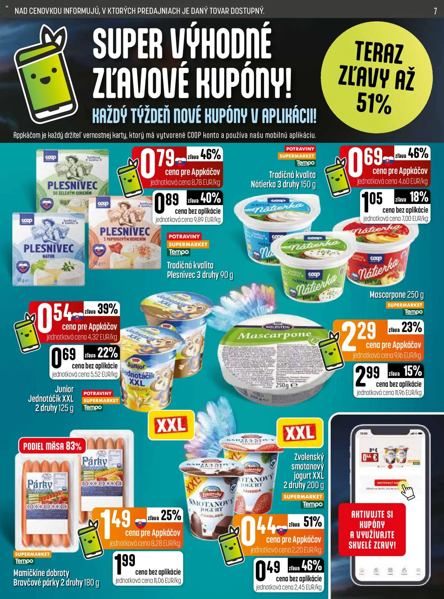 Nové COOP Jednota akcie – leták je platný od 13.08.2026 | Strana: 7 | Produkty: Jogurt, Nátierka, Párky, Mascarpone