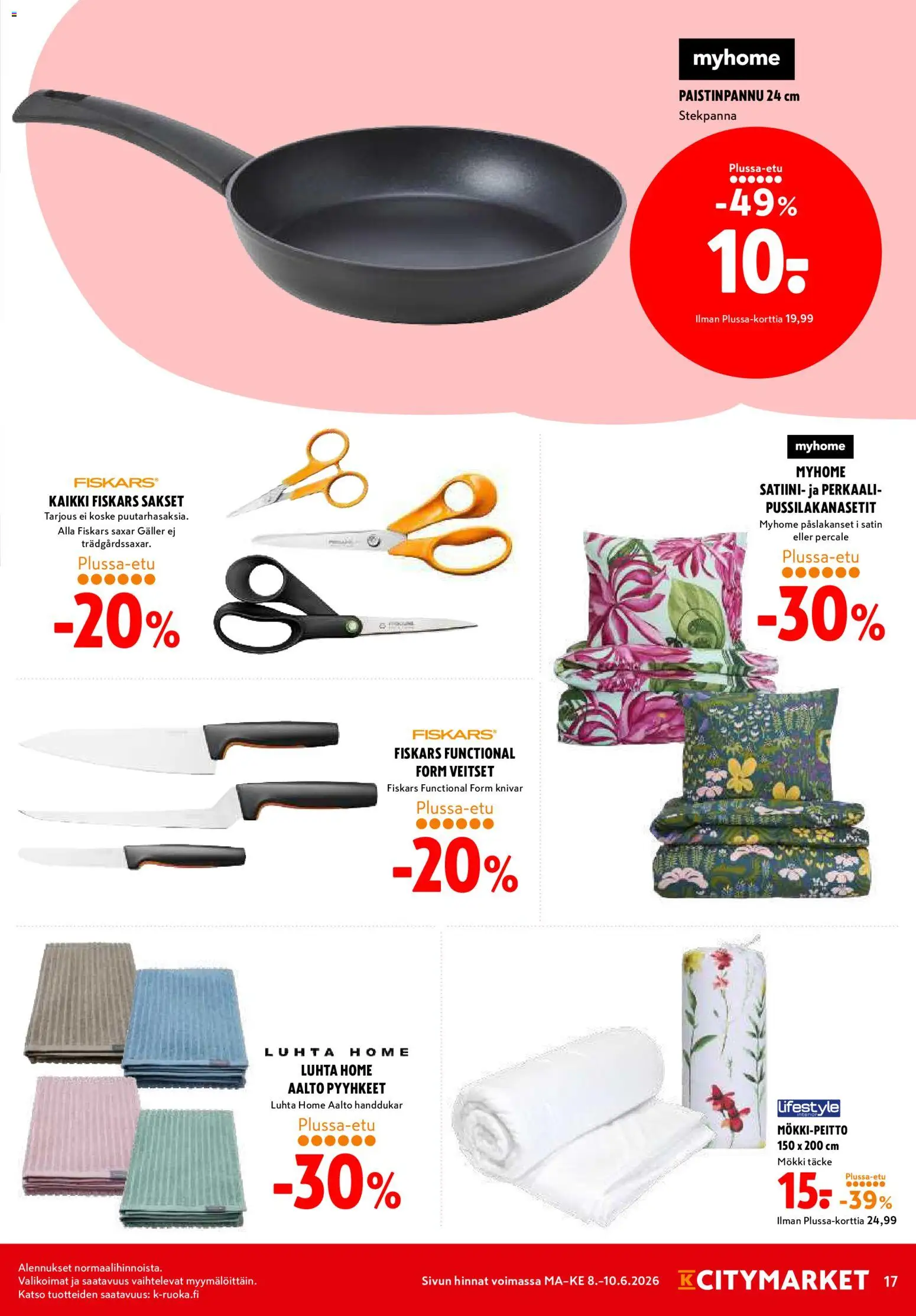 K-Citymarket tarjoukset – voimassa 08.06.2026 alkaen | Sivu: 17 | Tuotteet: Pyyhkeet, Sakset, Paistinpannu
