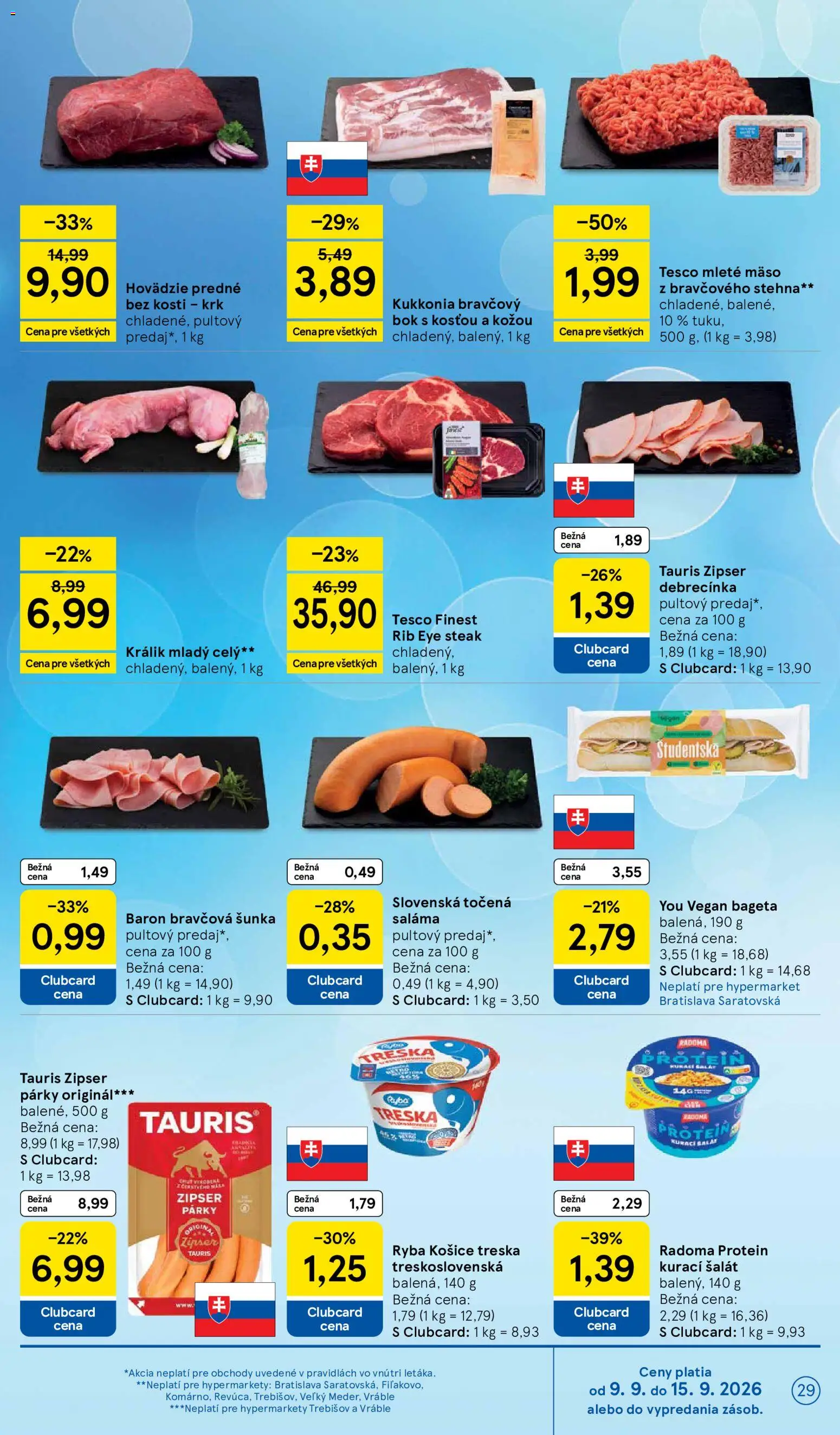 Nové Tesco akcie – leták je platný od 09.09.2026 | Strana: 29 | Produkty: Saláma, Protein, Šalát, Stehná