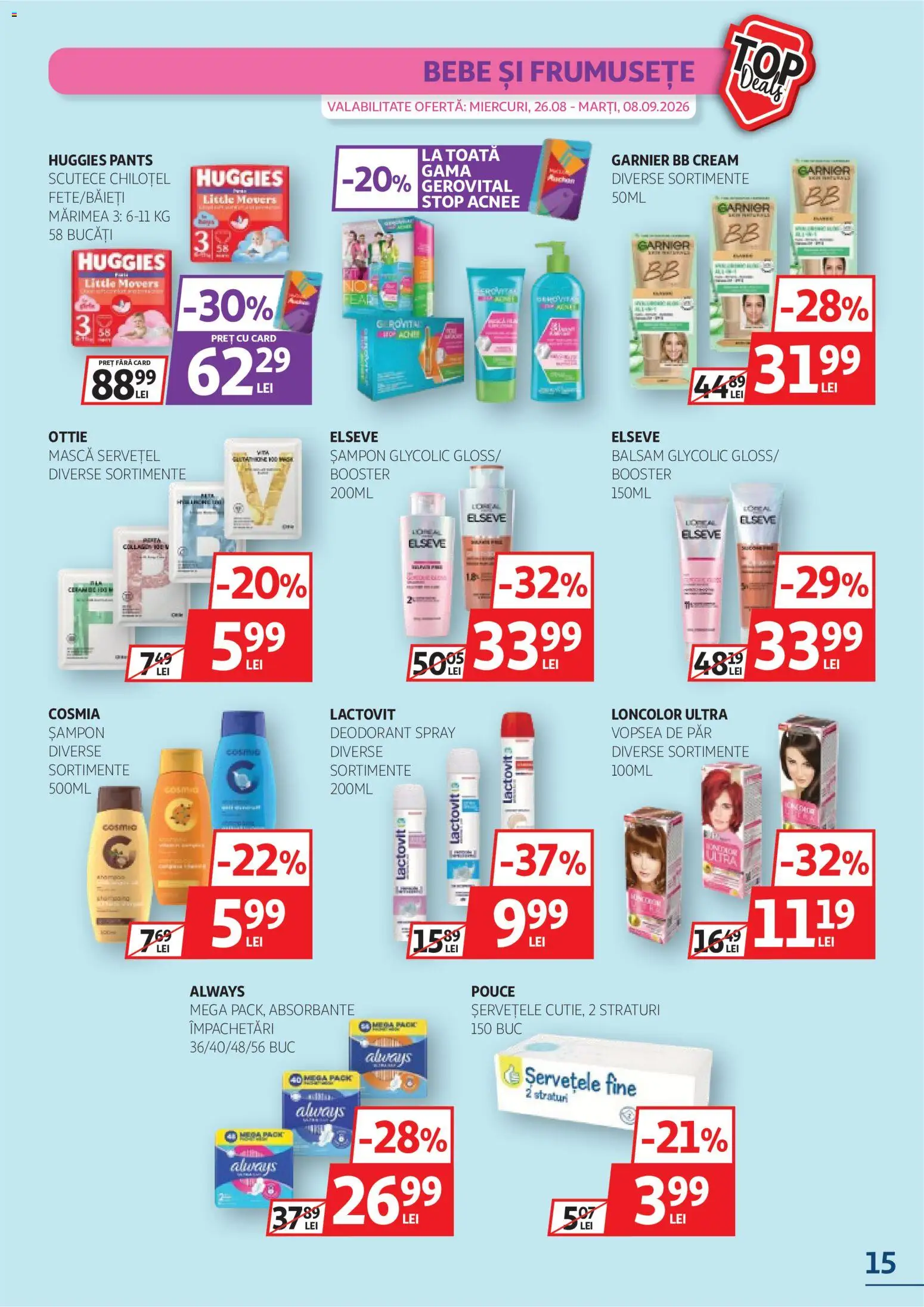 Noul catalog Auchan – valabil de la 26.08.2026 | Pagină: 15 | Produse: Vopsea, Bb cream, Deodorant, Absorbante