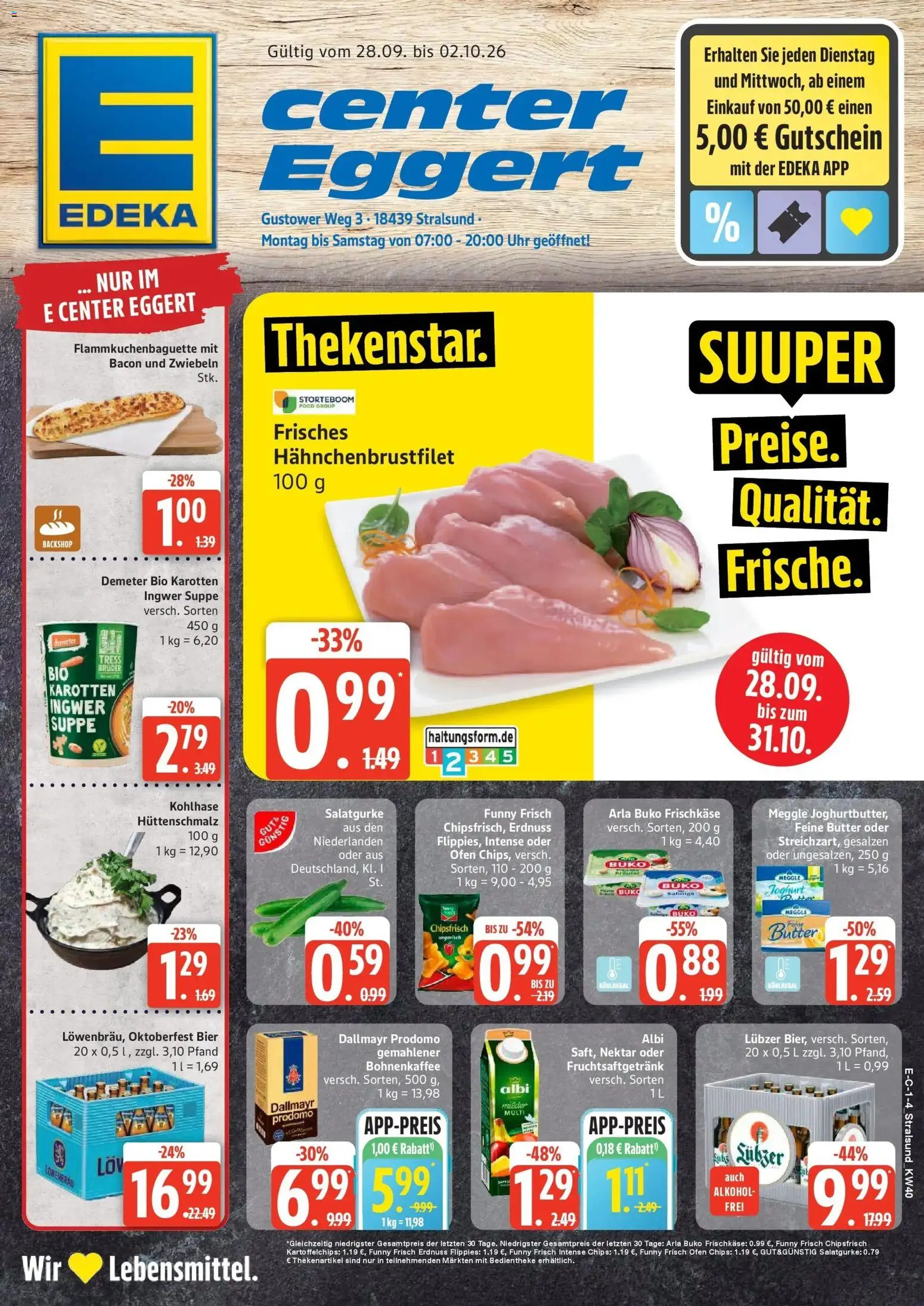 E center Prospekt Stralsund (ab 28.09.2026) zum Blättern | Seite: 1 | Produkte: Butter, Dallmayr, Chips, Lubzer